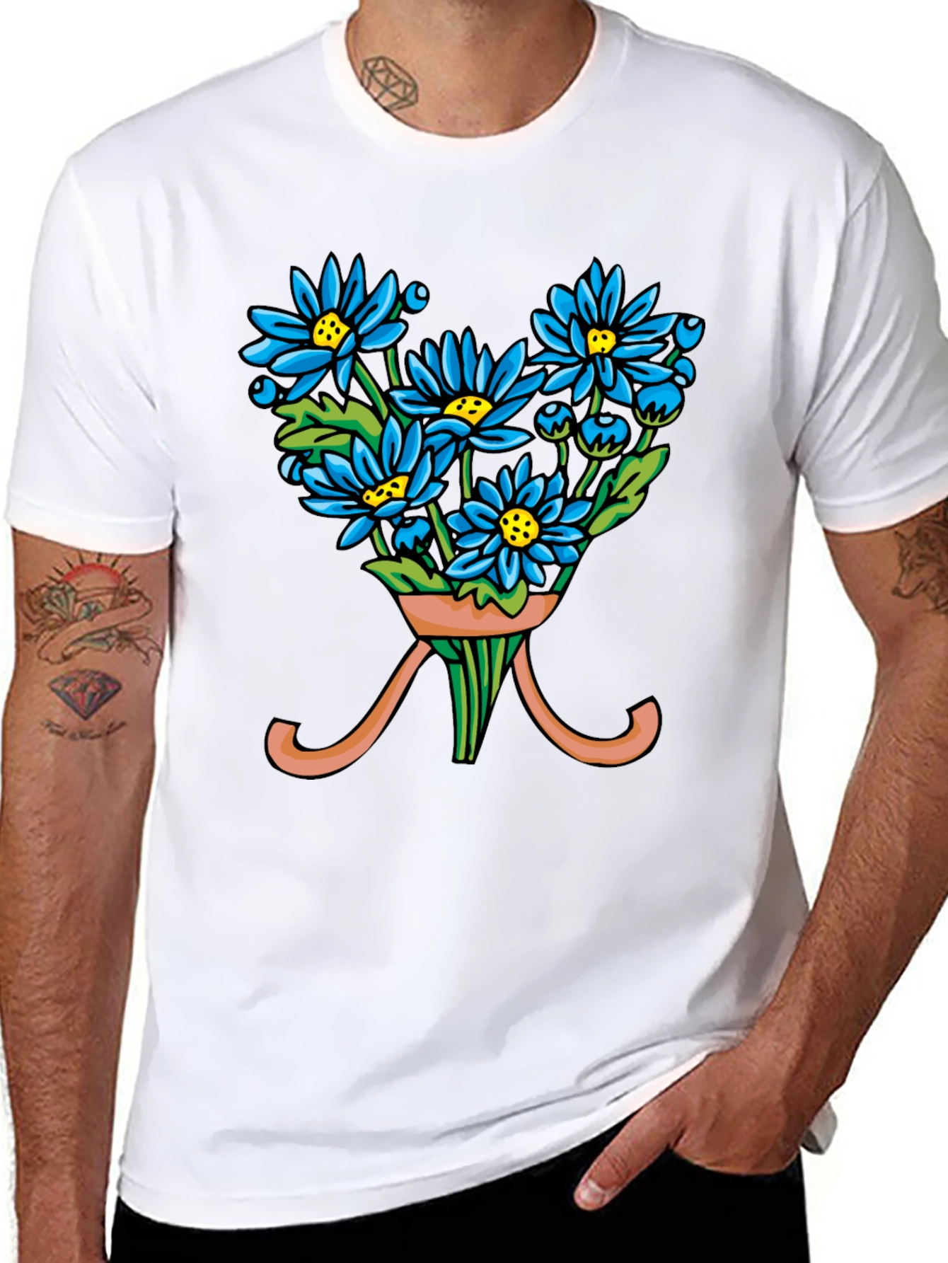 Black Floral Bouquet T-Shirt - Blue Daisy Design view 8