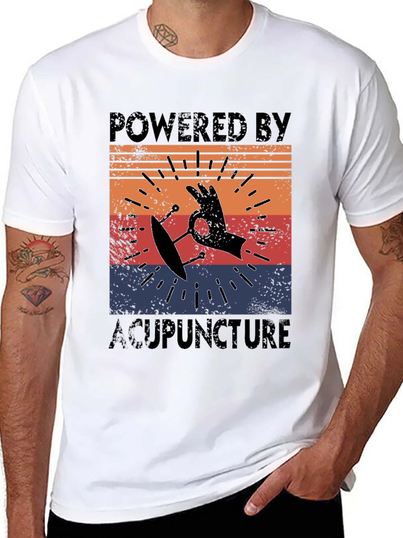 Black Powered by Acupuncture Retro T-Shirt view 8