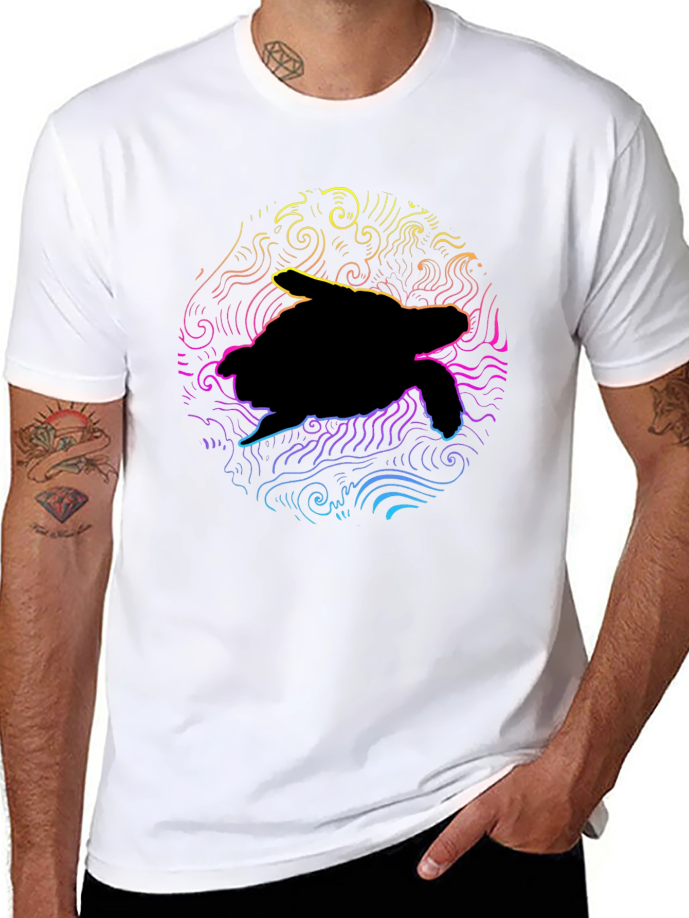 Black Neon Turtle Graphic T-Shirt - Black Cotton Blend view 8