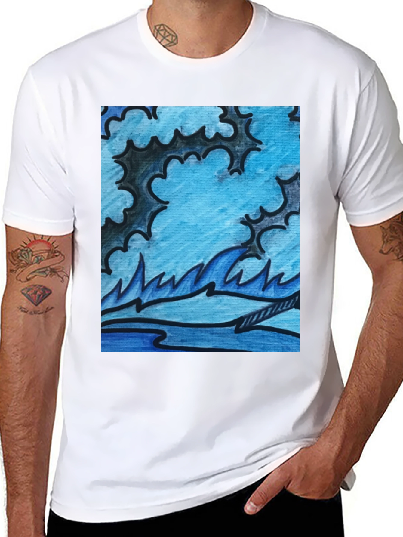 Black Abstract Blue Wave Graphic Black T-Shirt view 8