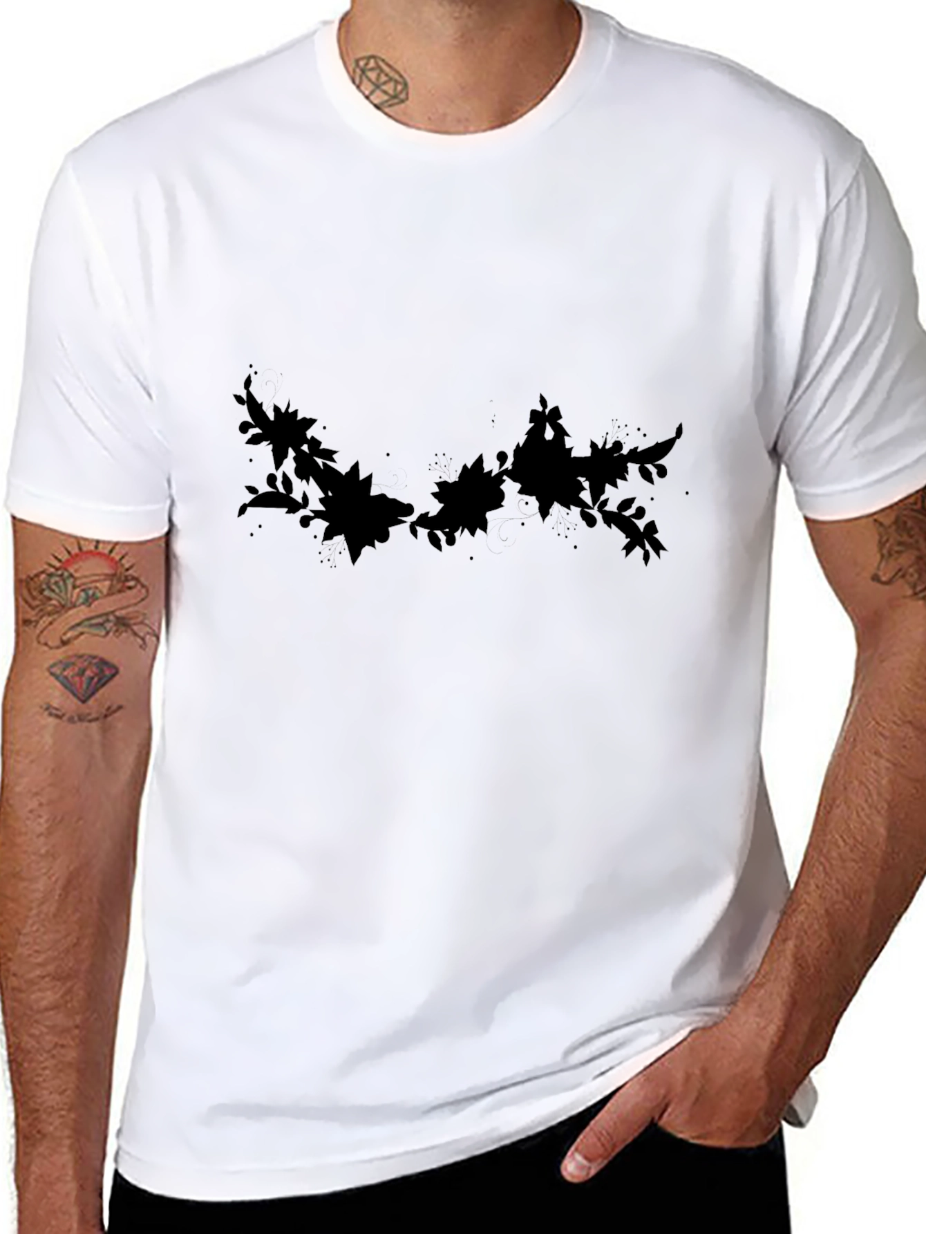 Black Men's Black Graphic Tee - Floral Silhouette view 8