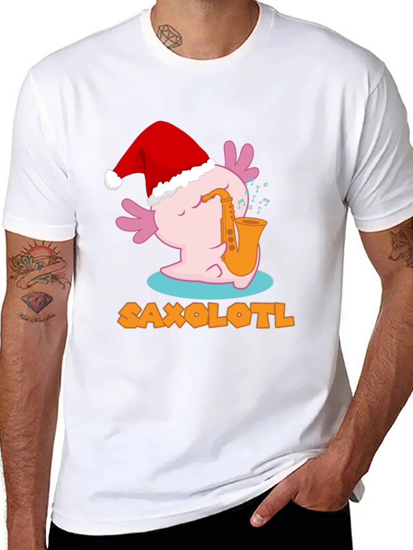 Black Saxolotl Santa Hat Christmas Black T-Shirt view 8