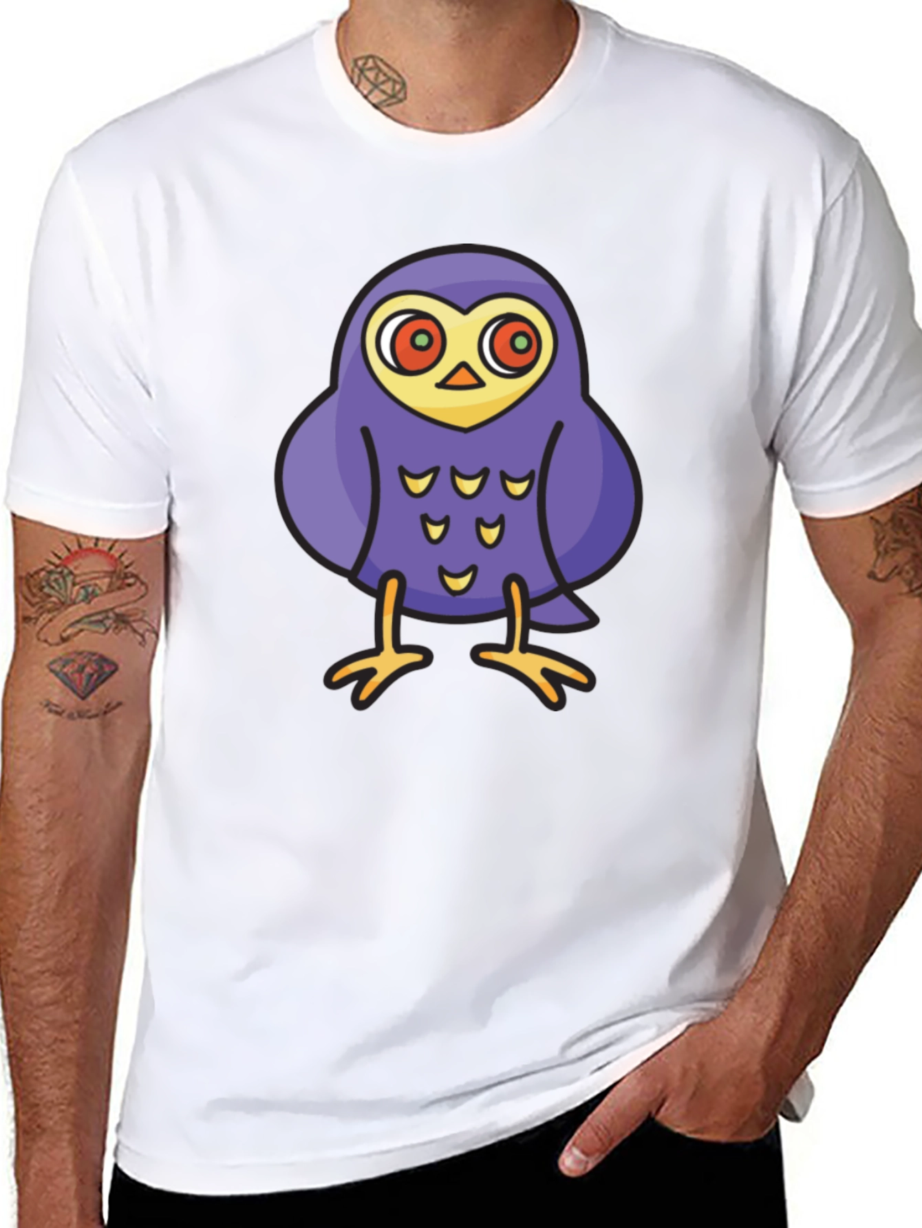 Black Cartoon Owl Graphic Tee - Black Cotton T-Shirt view 8