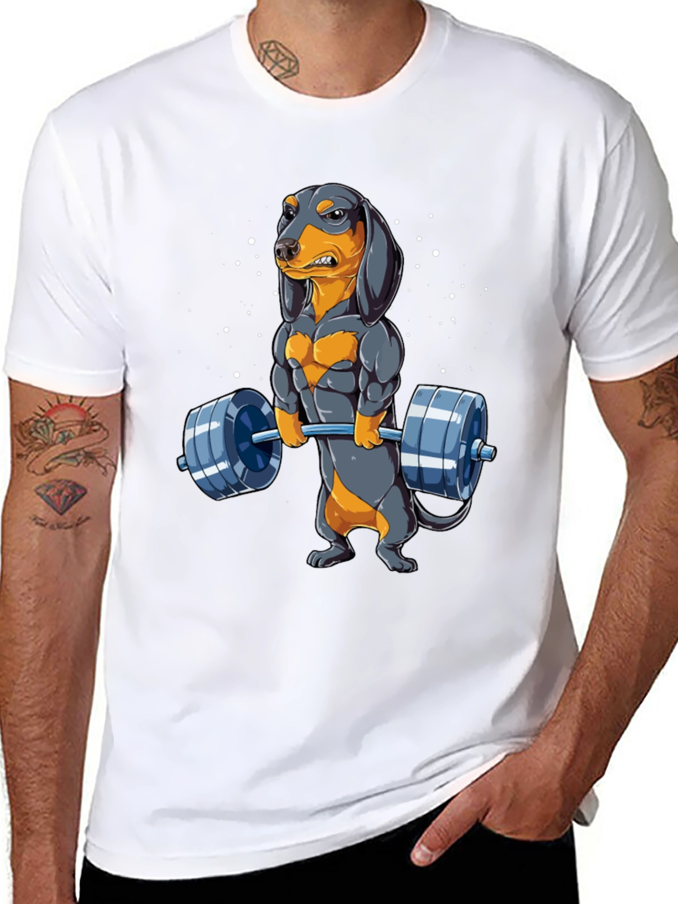 Black Funny Dachshund Weightlifting Graphic T-Shirt view 8