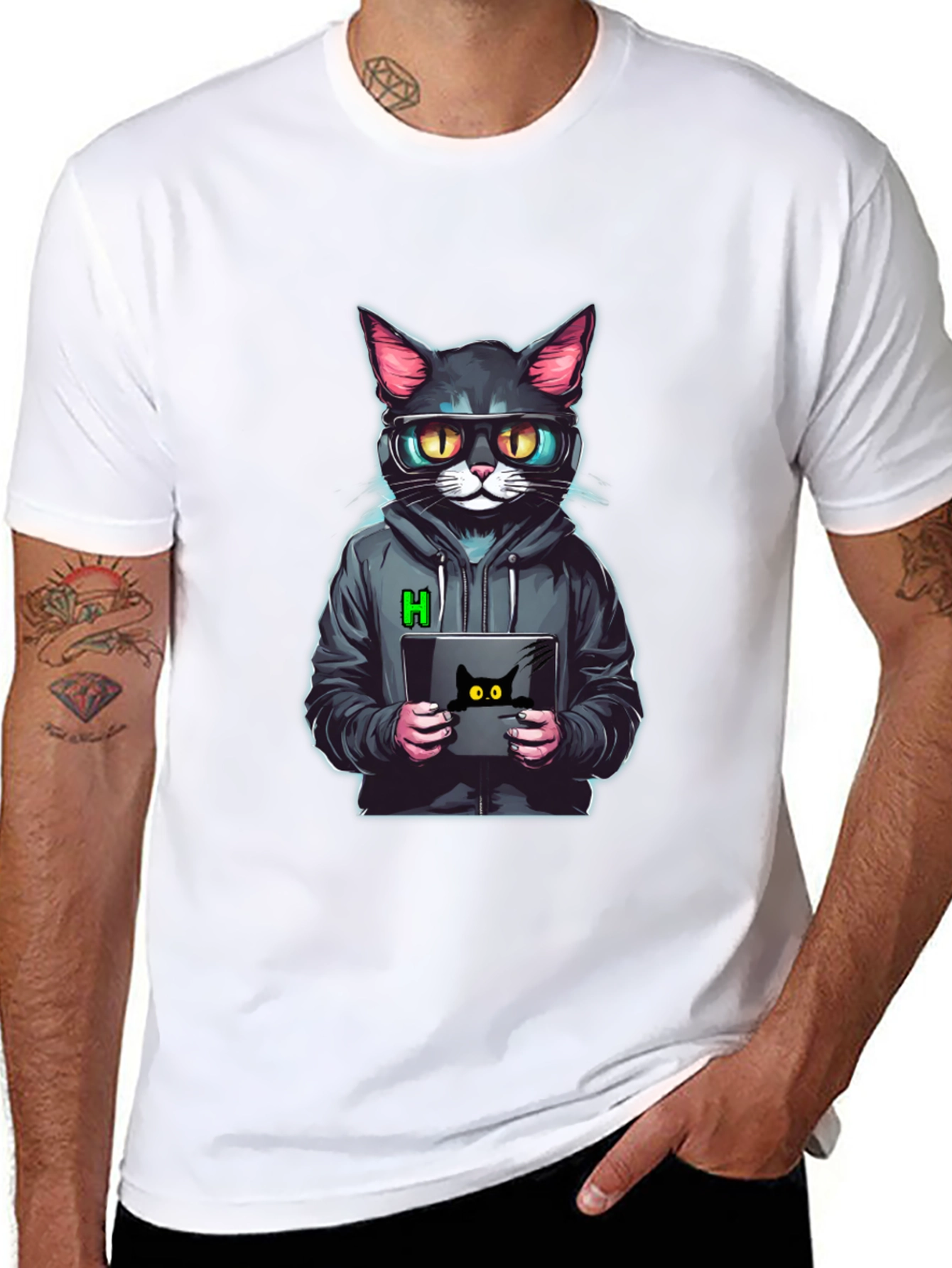 Black Hacker Cat T-Shirt - Cool & Unique Design view 8