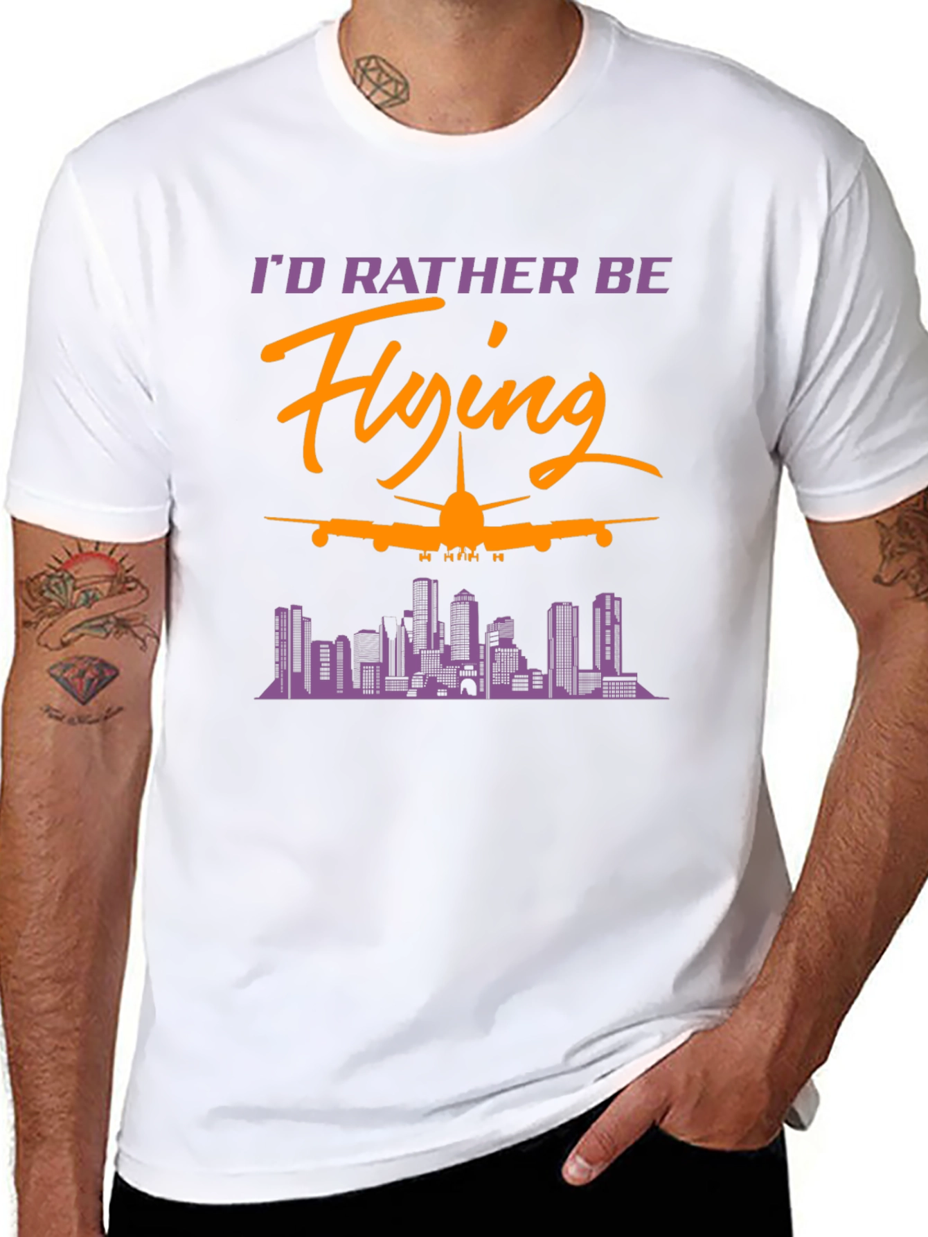 Black I'd Rather Be Flying T-Shirt: Airplane & City Skyline view 8
