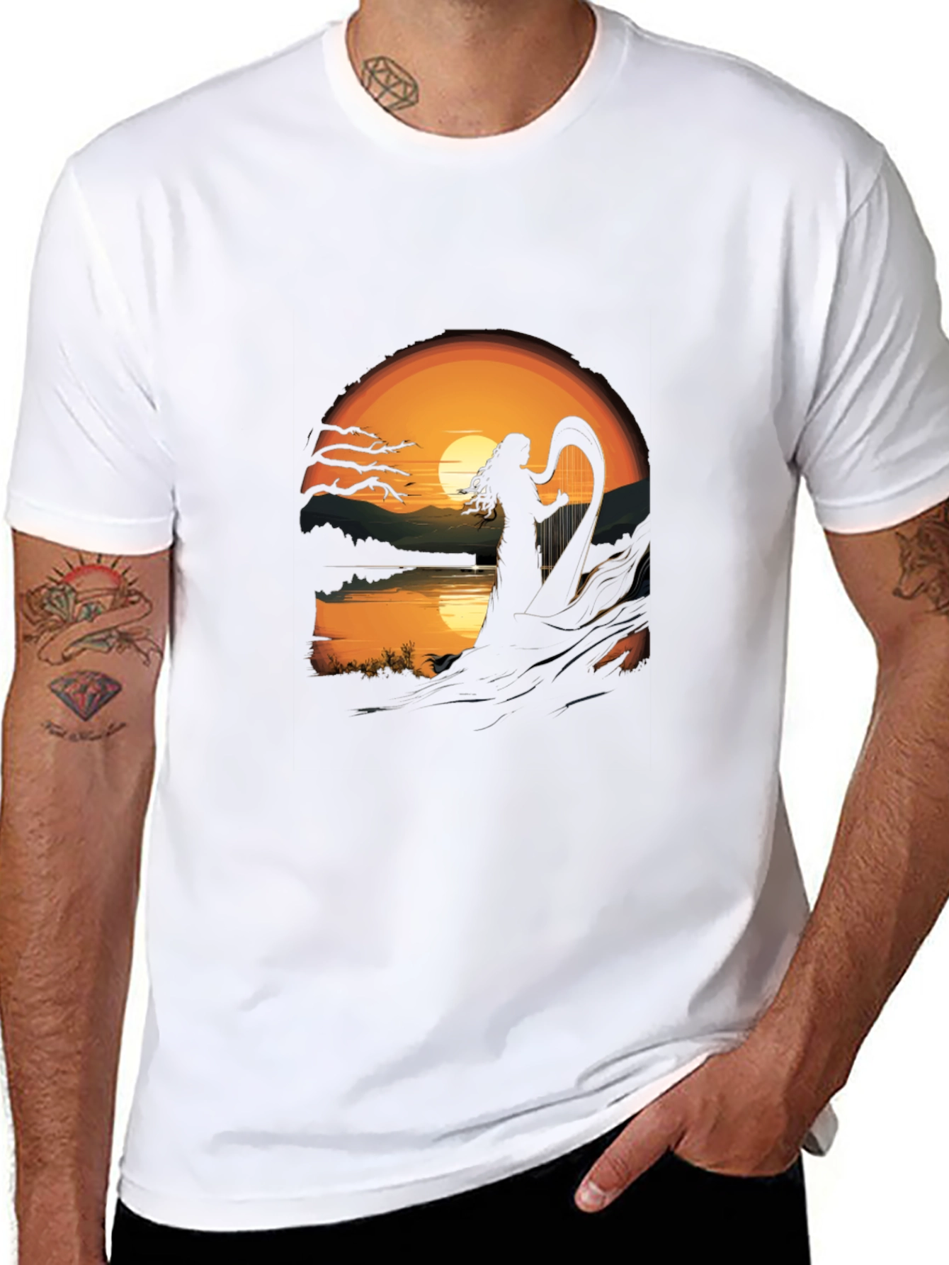 Black Sunset Harpist T-Shirt view 8