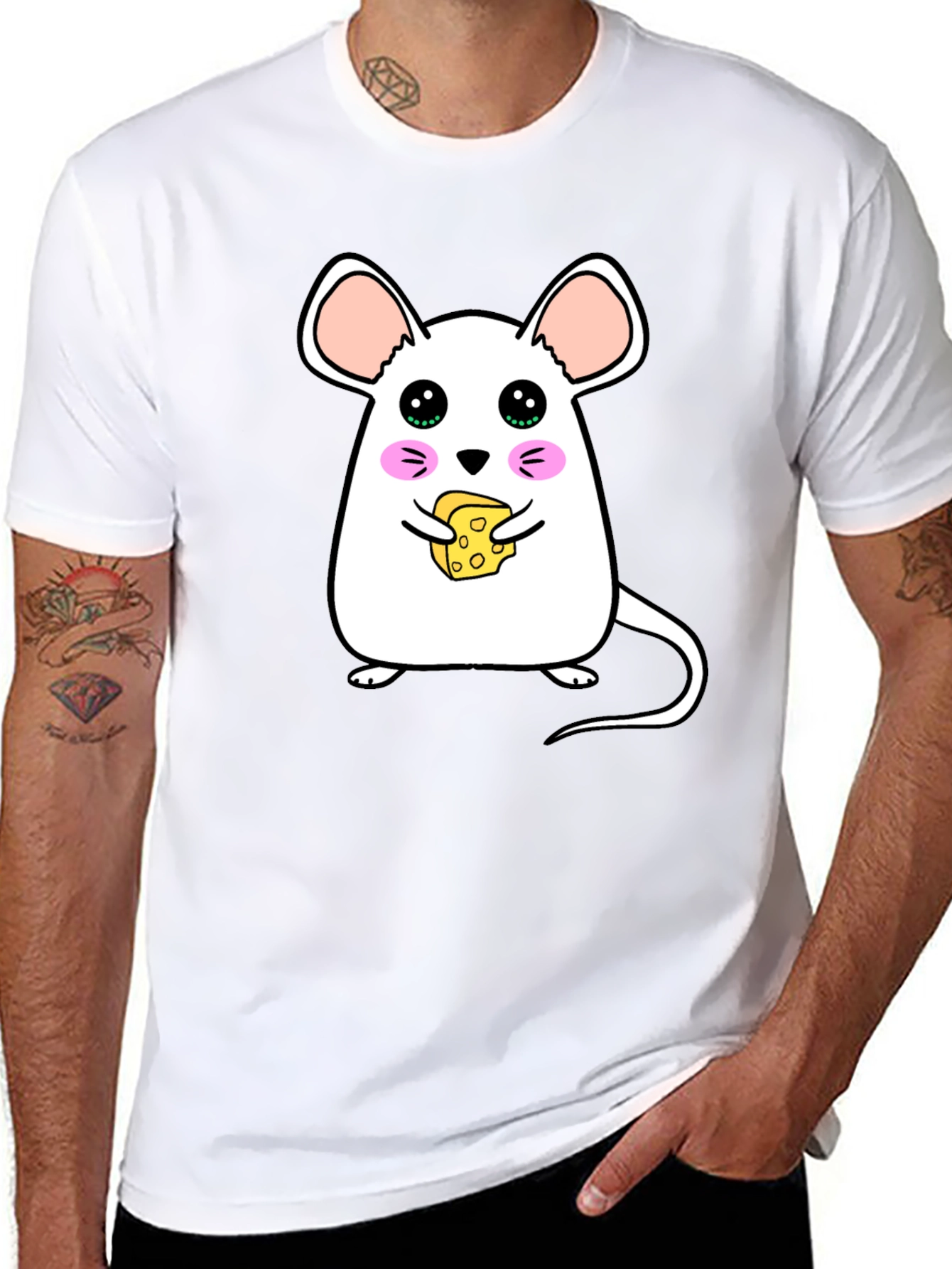 Black Cute Cartoon Mouse Eating Cheese Graphic T-Shirt view 8