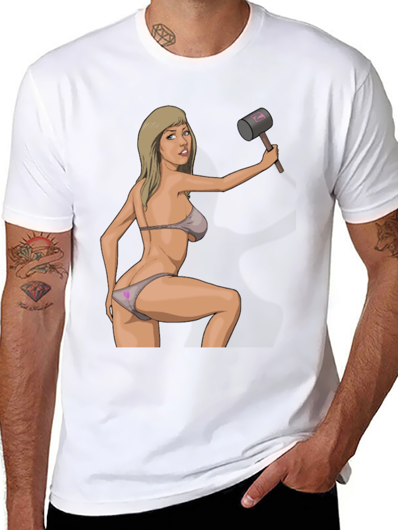 Black Humorous Graphic Tee - Sexy Woman with Hammer view 8