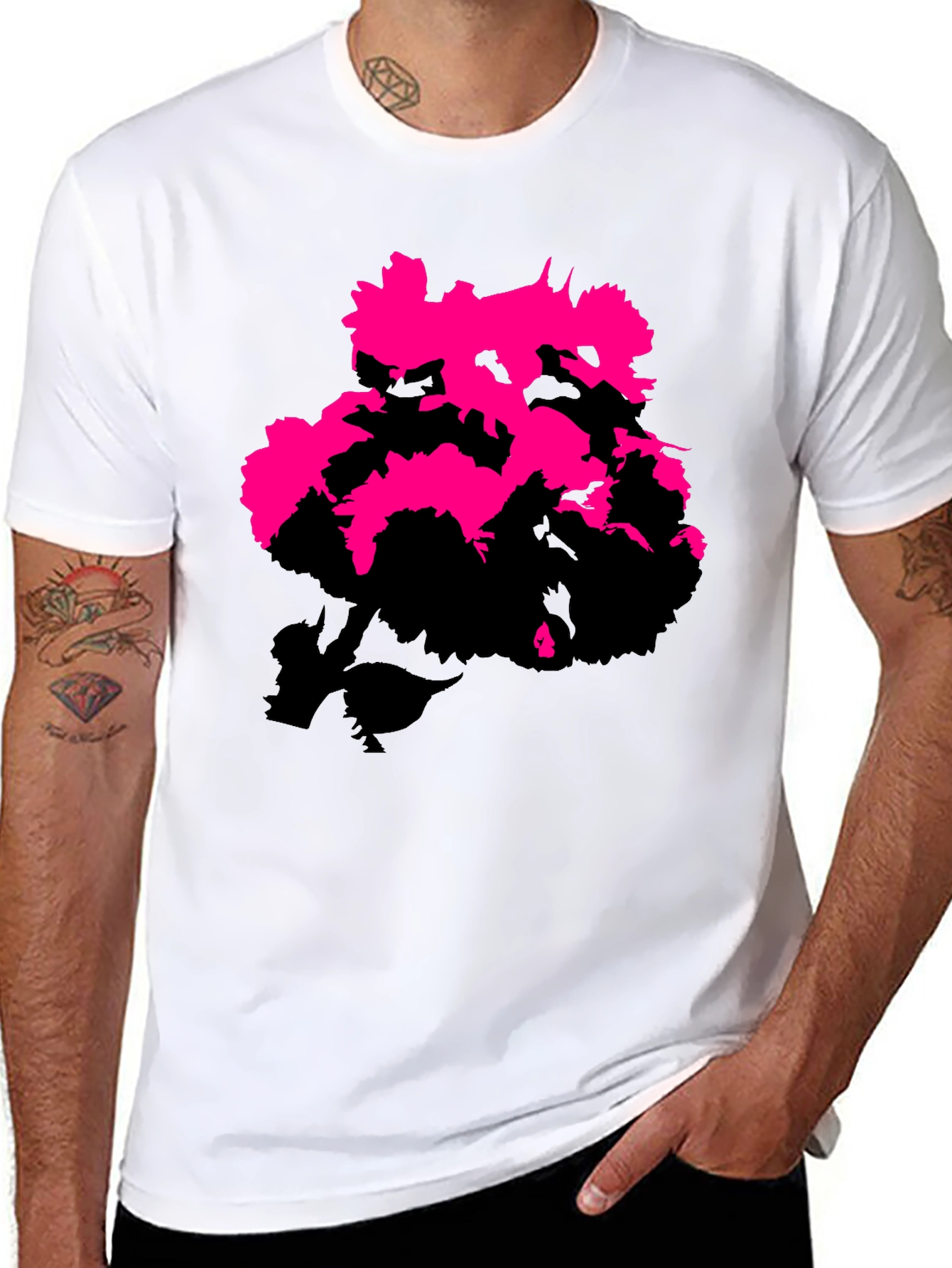 Black Modern Pink Floral Graphic Print Black T-Shirt view 8