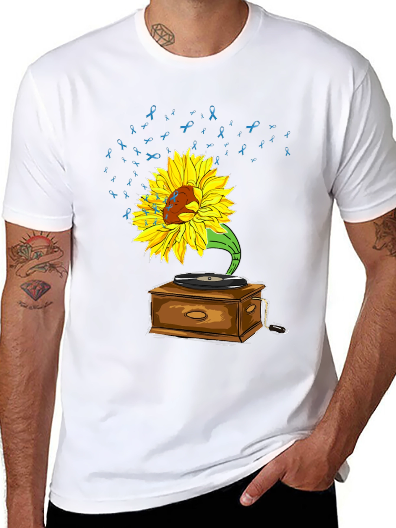 Black Sunflower Gramophone Tee - Awareness Ribbon Music Shirt view 8
