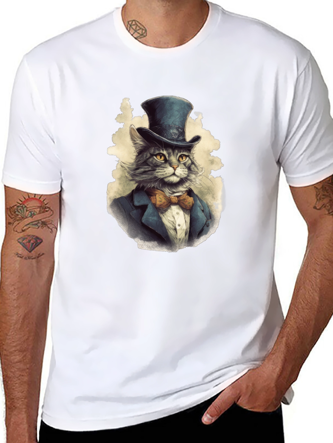 Black Dapper Cat Top Hat T-Shirt view 8