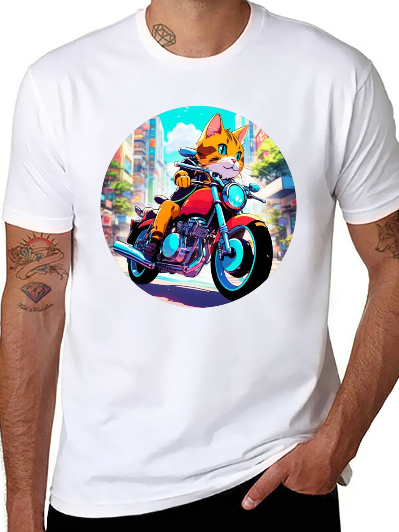 Black Cool Cat Motorcycle Rider Graphic T-Shirt view 8