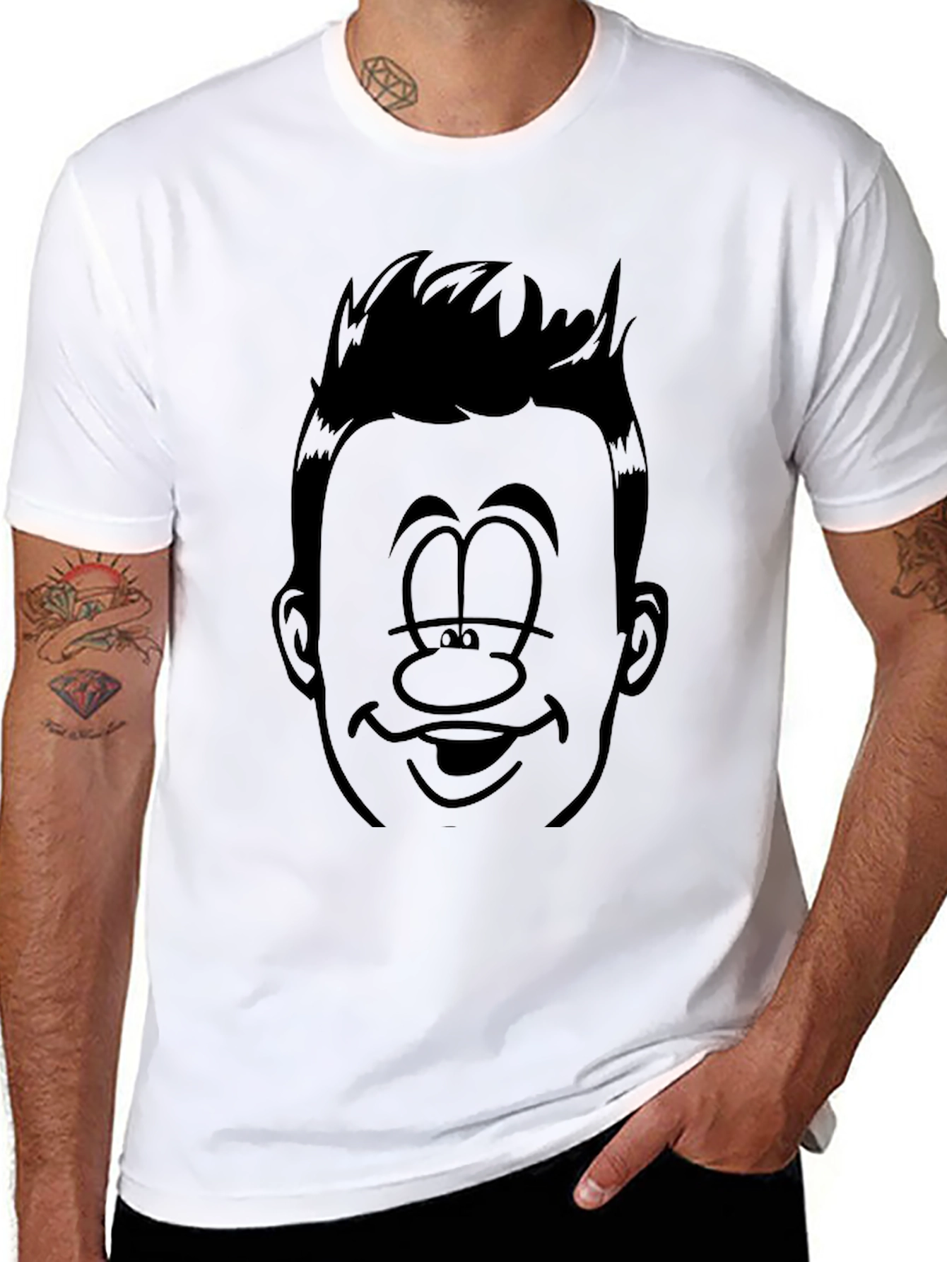 Black Funny Cartoon Face Black Graphic Tee view 8