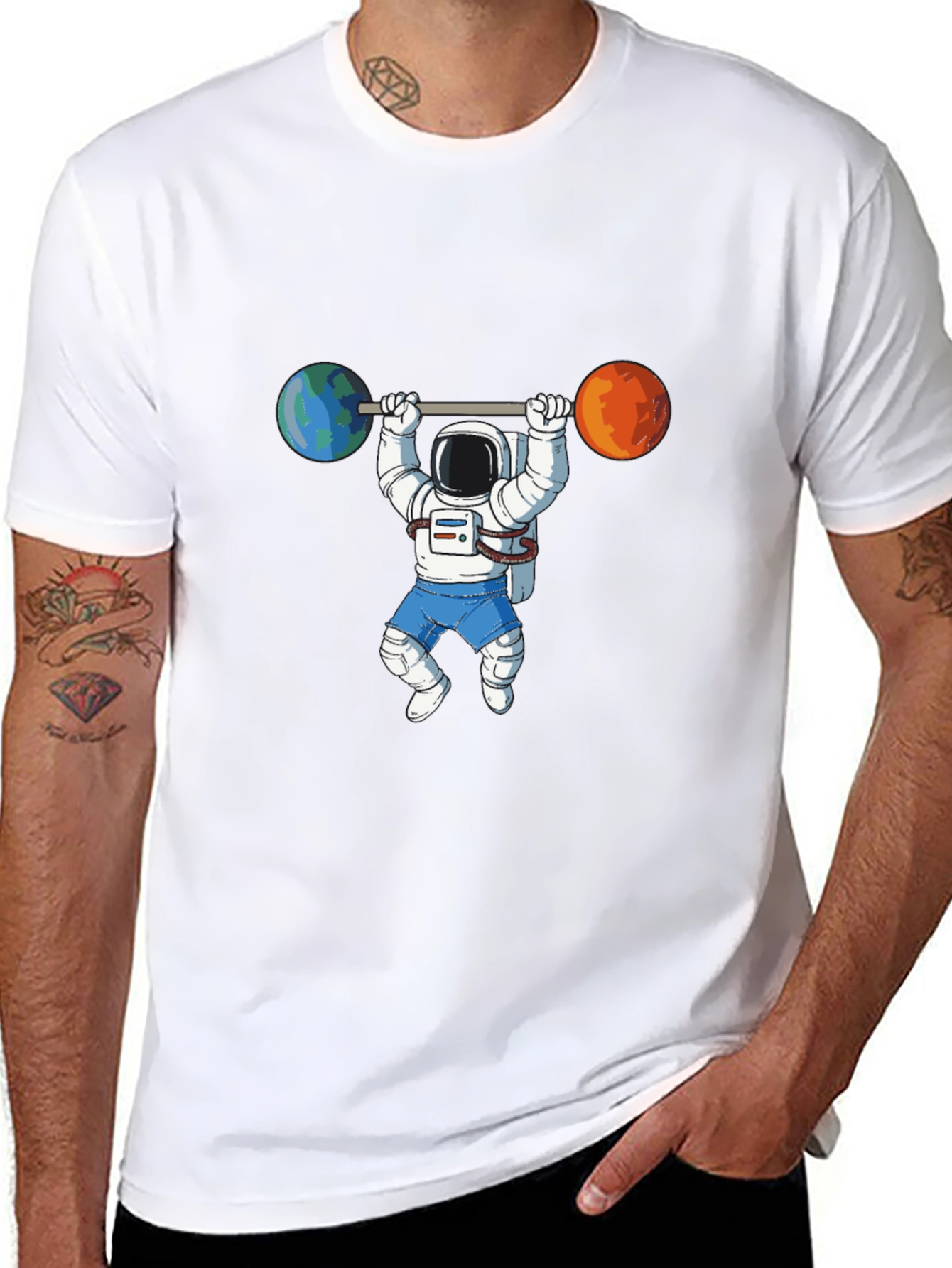 Black Astronaut Lifting Planets Graphic Tee view 8