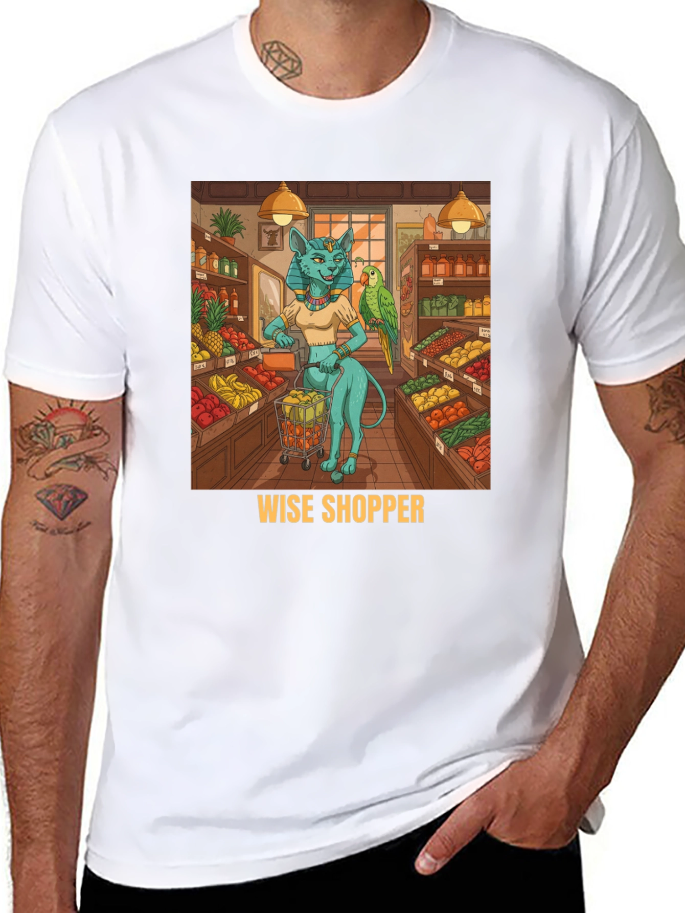 Black Wise Shopper T-Shirt, Cat Goddess, Fruit Market view 8