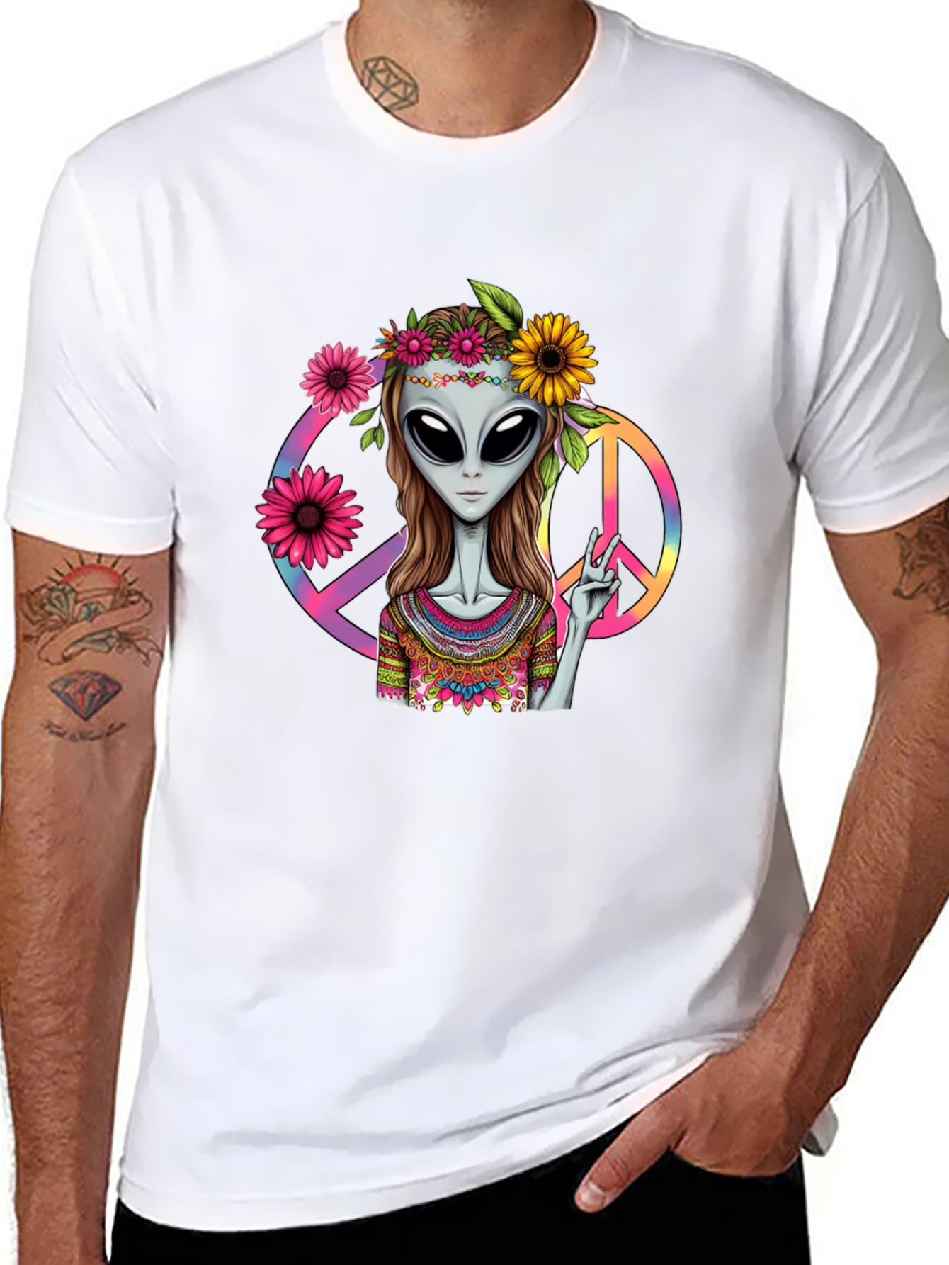 Black Alien Peace T-Shirt - Black Graphic Tee view 8