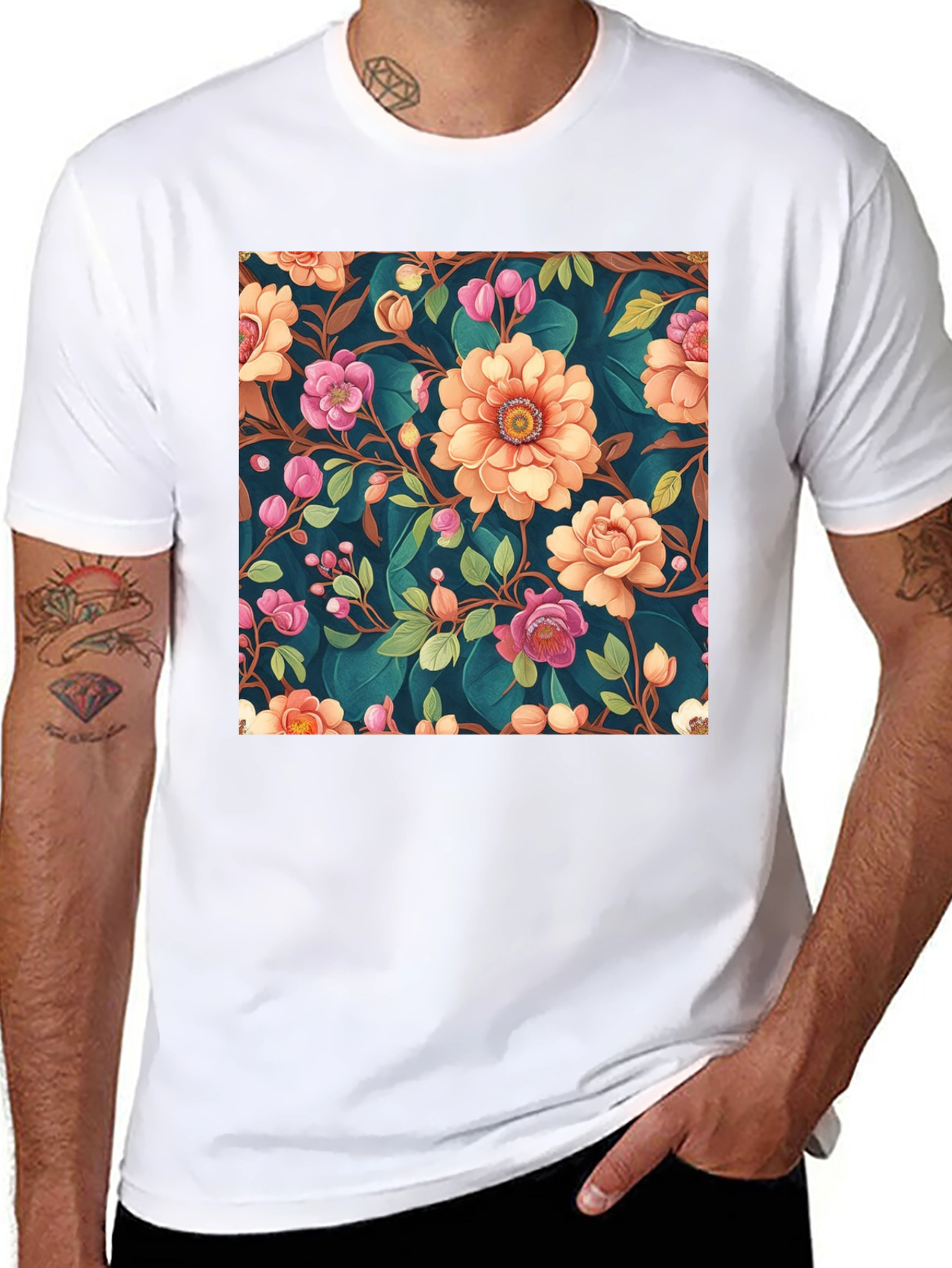 Black Floral Pattern Black T-Shirt: Stylish Print Tee view 8