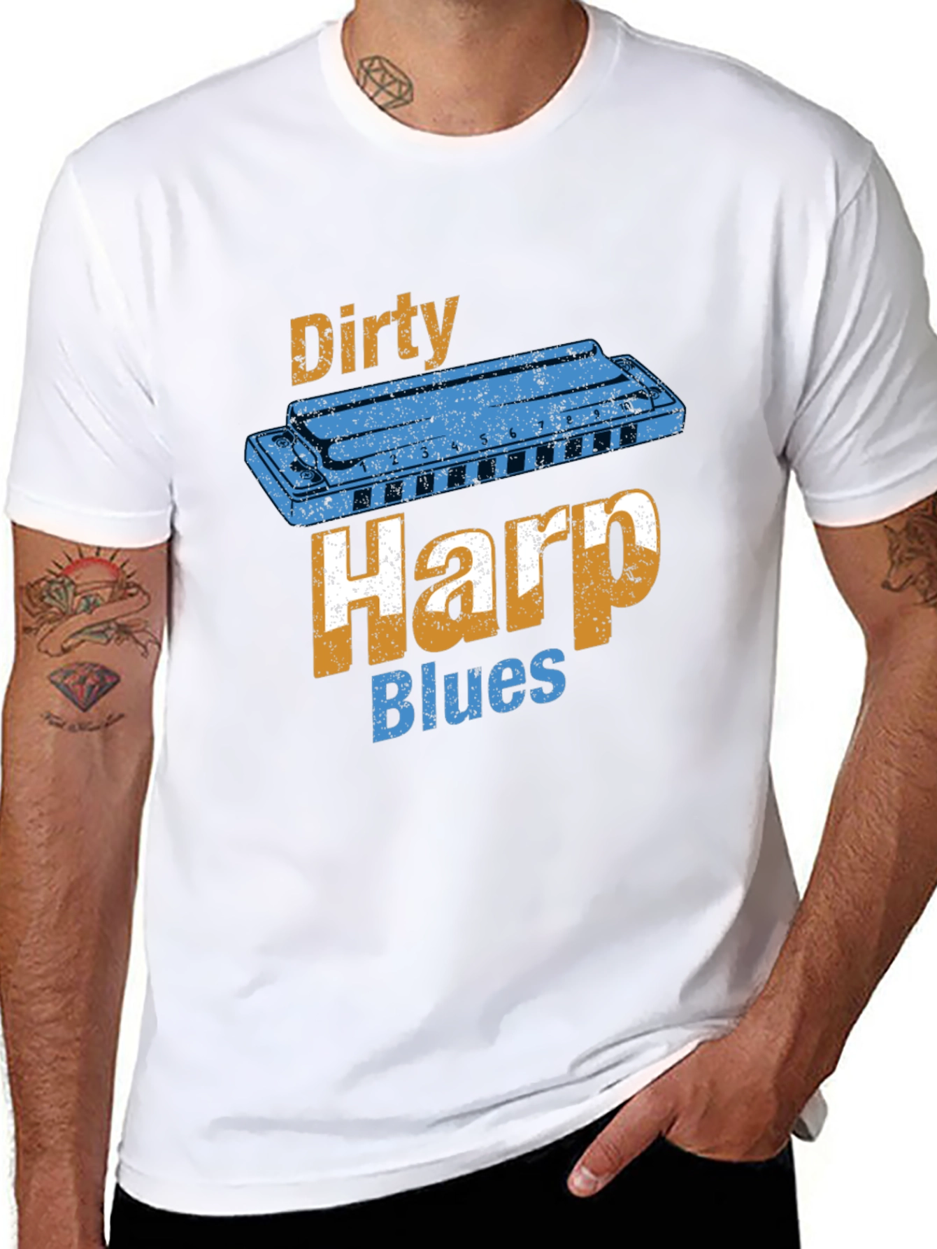 Black Dirty Harp Blues T-Shirt - Music Lover Tee view 8
