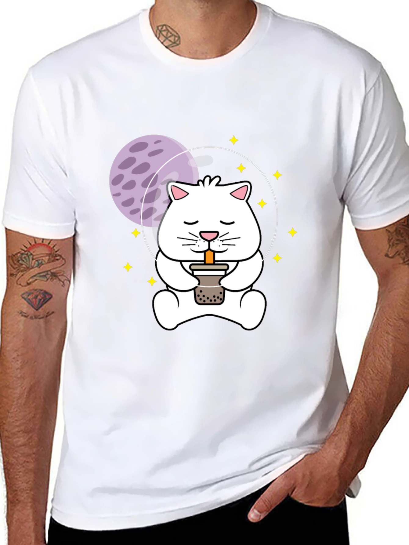 Black Astronaut Cat Boba Tea Graphic T-Shirt view 8