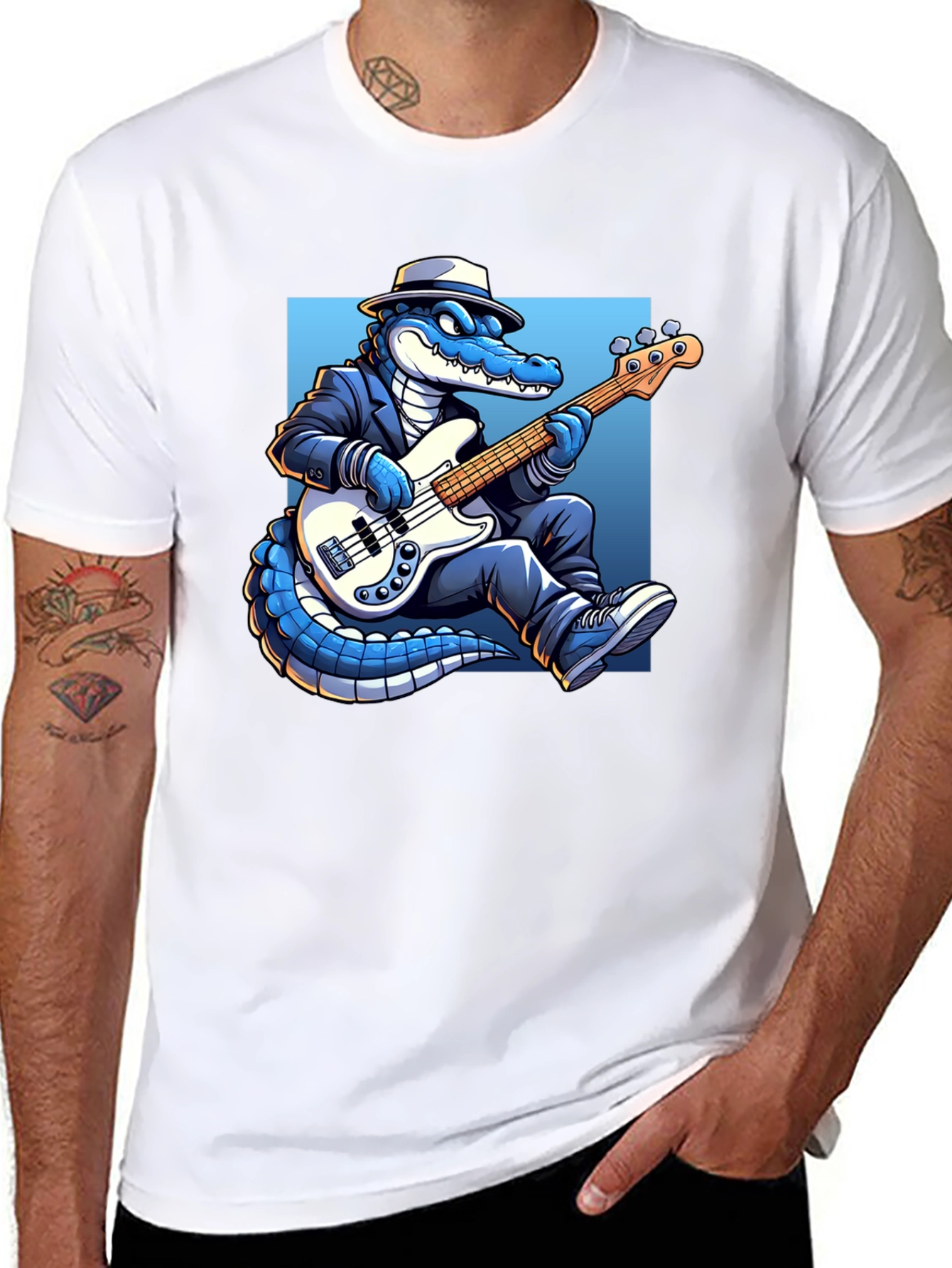 Black Cool Gator Playing Bass Guitar T-Shirt view 8
