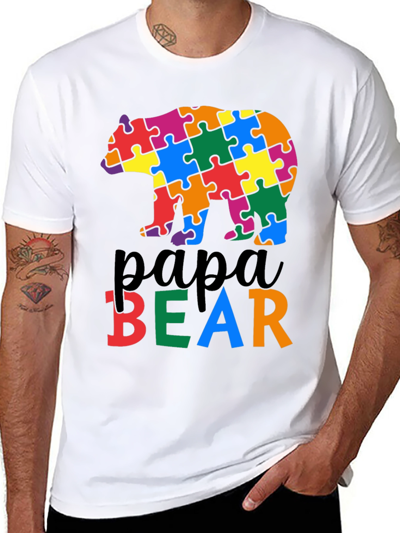Black Papa Bear Autism Awareness T-Shirt view 8