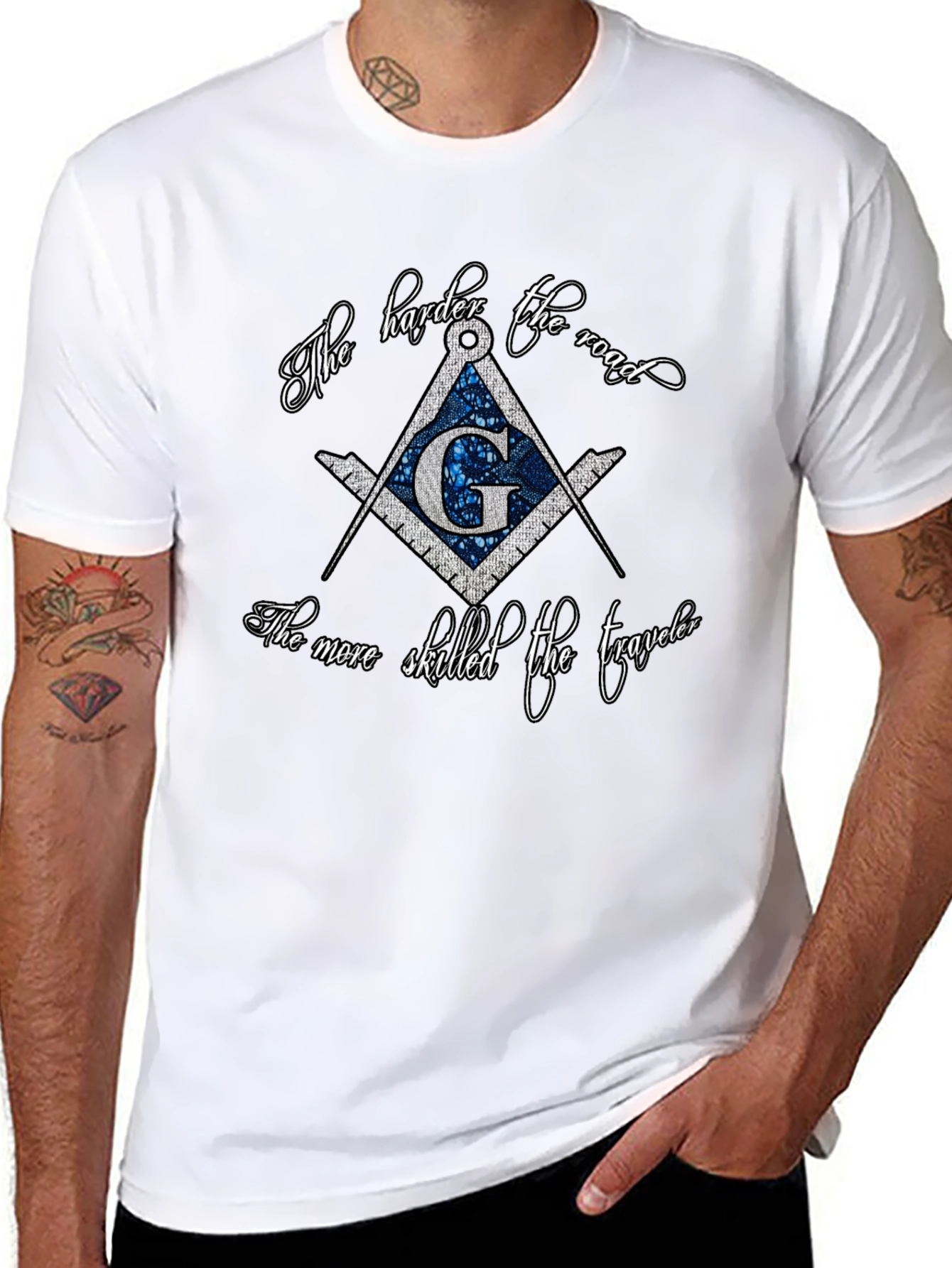 Black Masonic Compass T-Shirt - The Harder the Road view 8