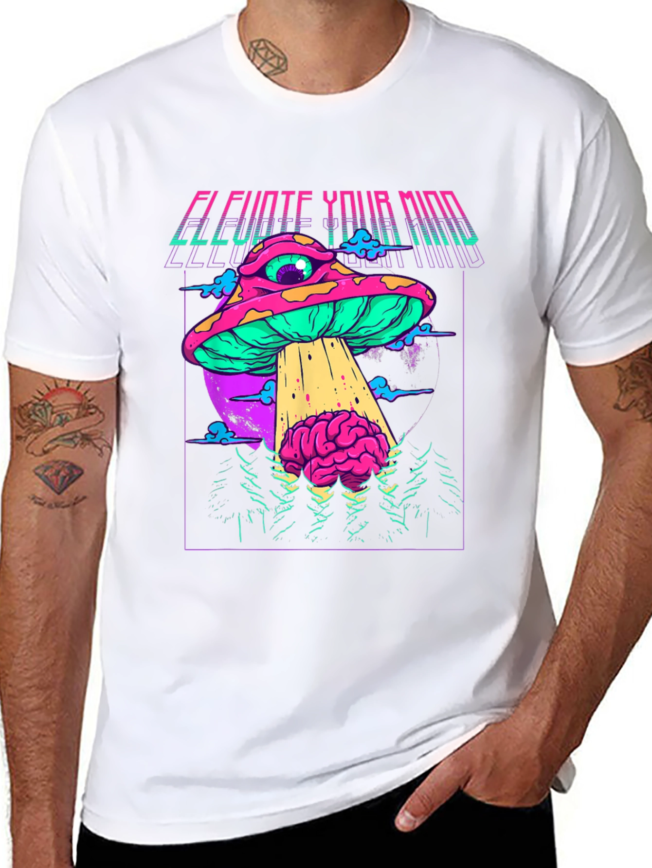 Black Elevate Your Mind Graphic T-Shirt - Retro Psychedelic Mushroom UFO view 8