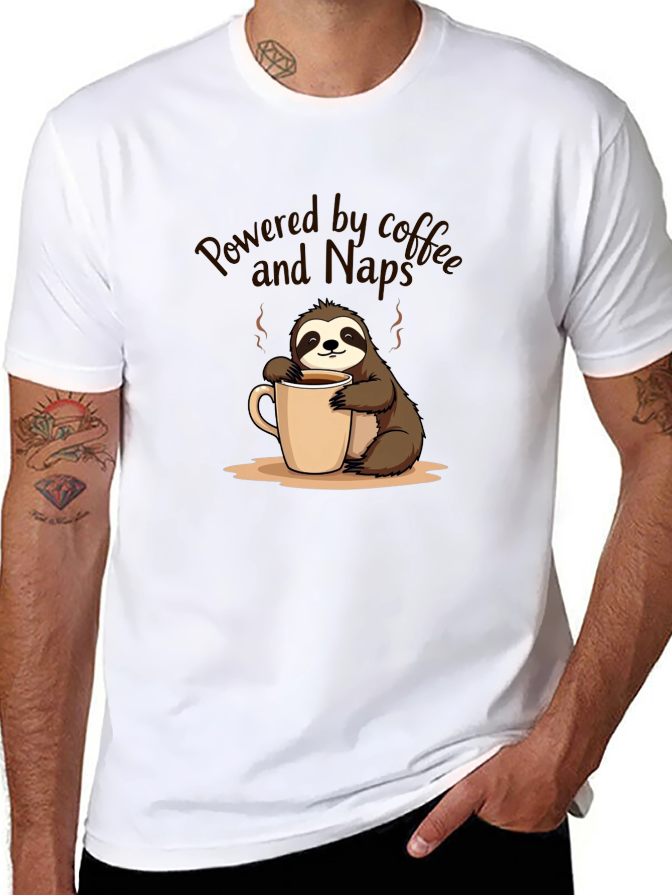 Black Powered by Coffee and Naps Sloth T-Shirt view 8