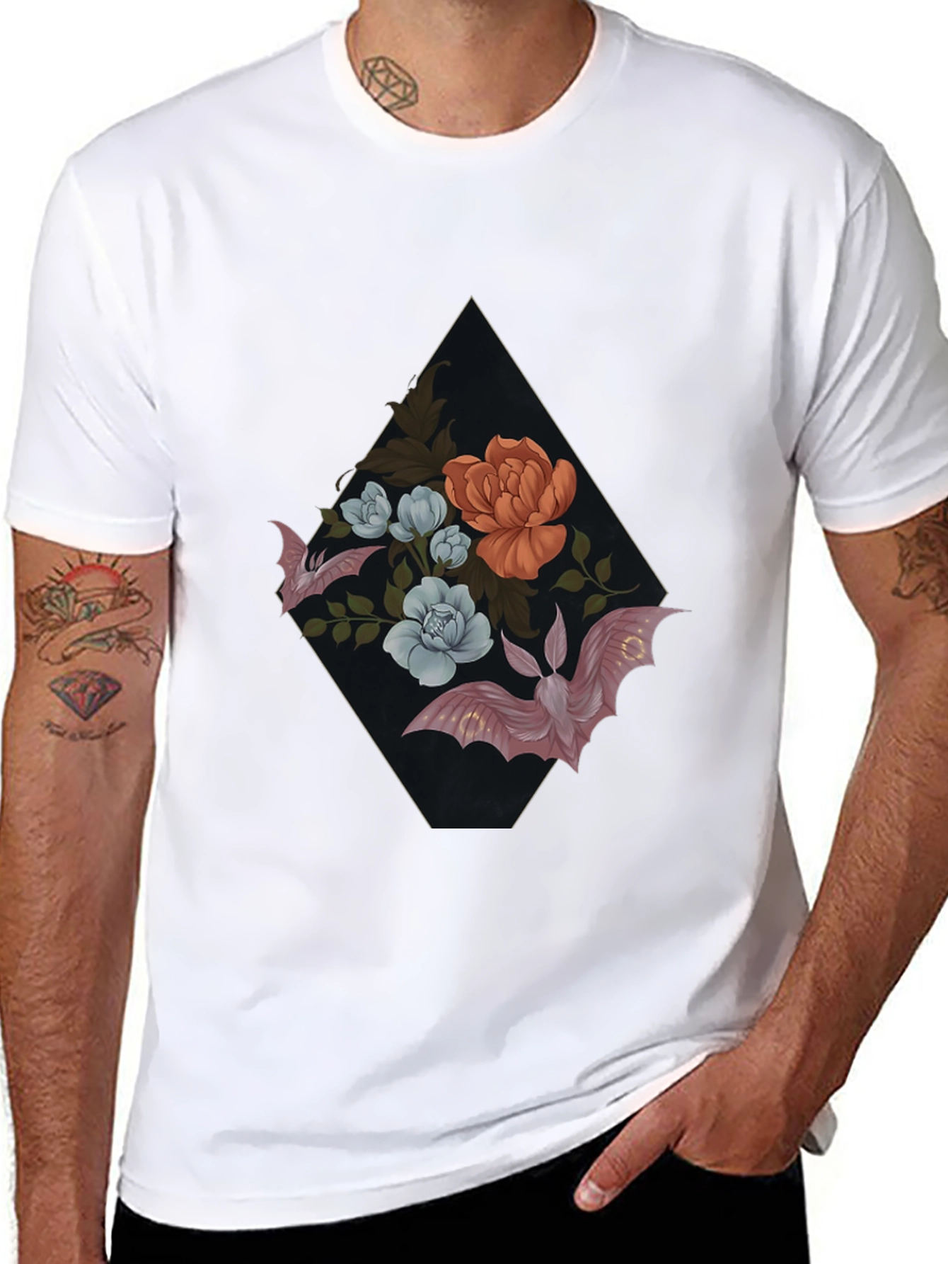 Black Floral Bat Graphic Tee - Gothic Style view 8
