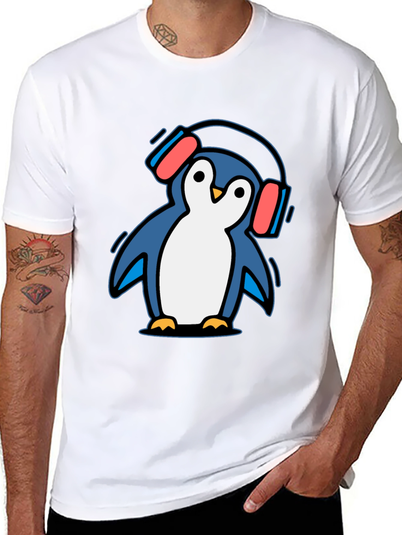 Black Penguin Headphone T-Shirt - Cool Graphic Tee view 8