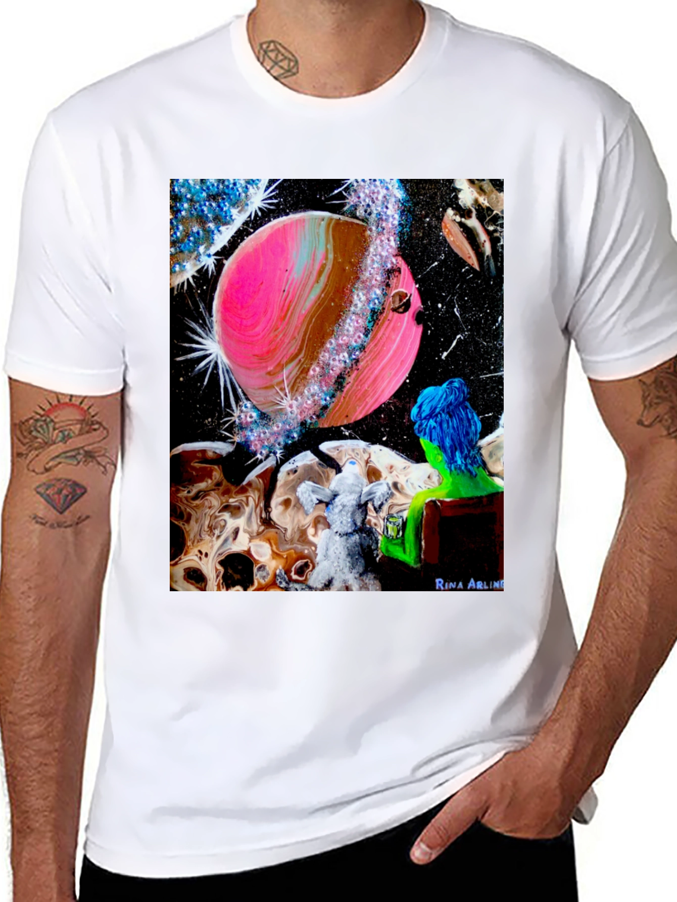 Black Cosmic Dreamer T-Shirt: Pink Planet & Blue Haired Girl view 8