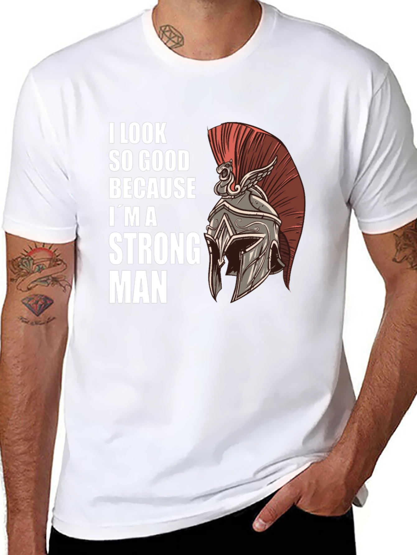 Black Strong Man Graphic Tee - Spartan Helmet Design view 8