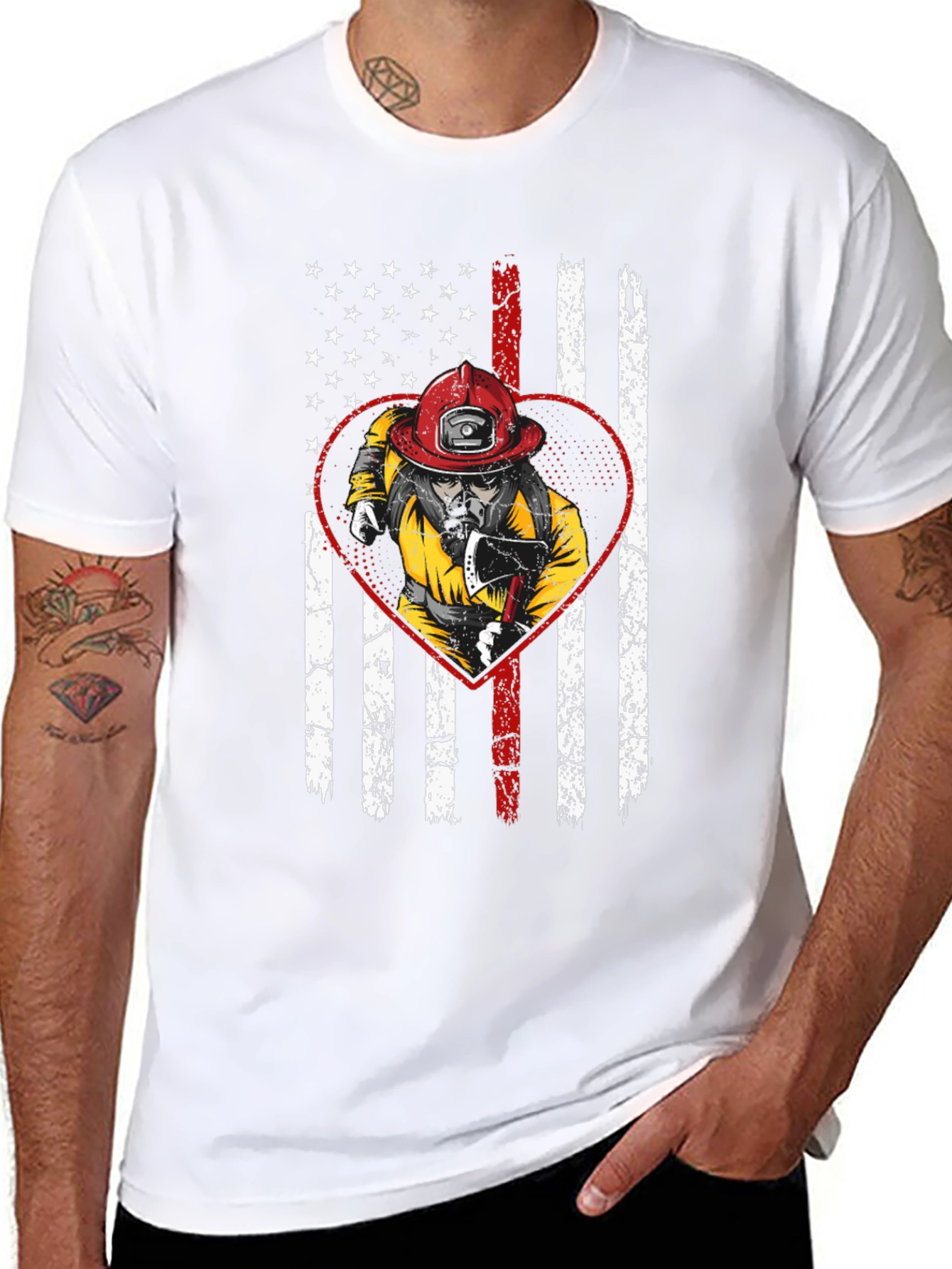Black Firefighter US Flag Heart T-Shirt view 8