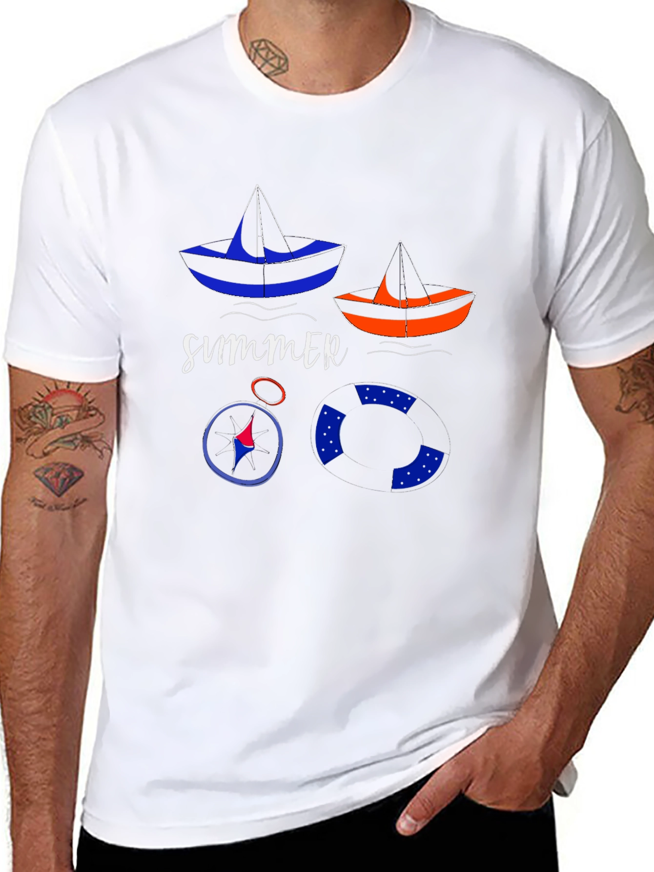 Summer Nautical T-Shirt: Sailboats, Compass, and Life Preserver - 8