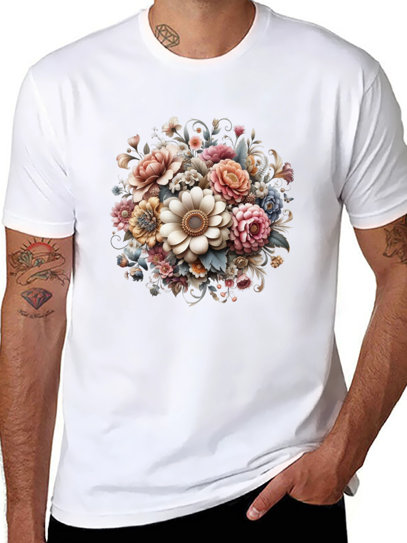 Black Floral Bouquet Graphic Black T-Shirt view 8