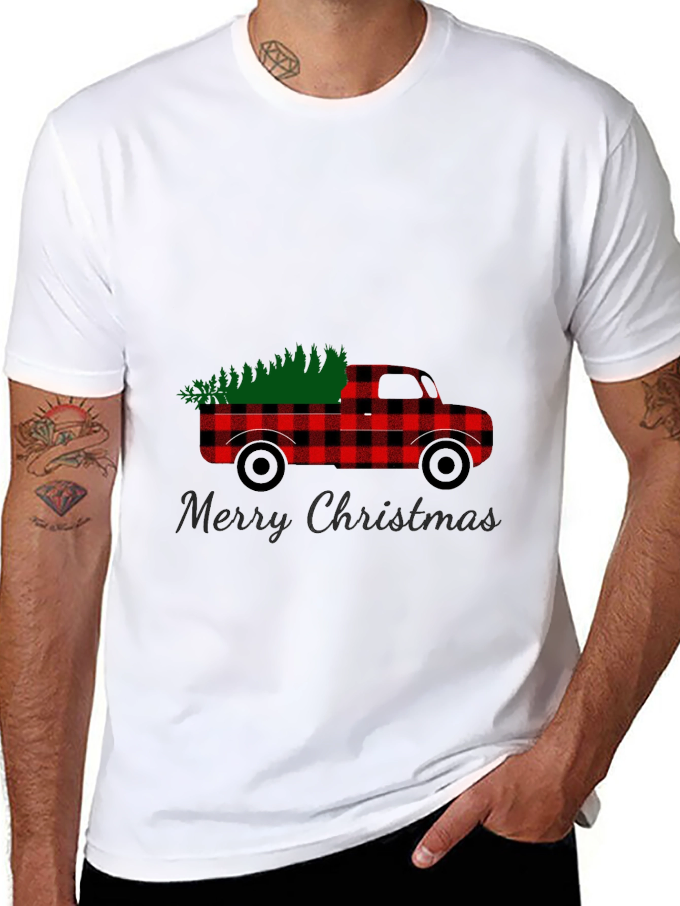 Black Merry Christmas Buffalo Plaid Truck T-Shirt view 8