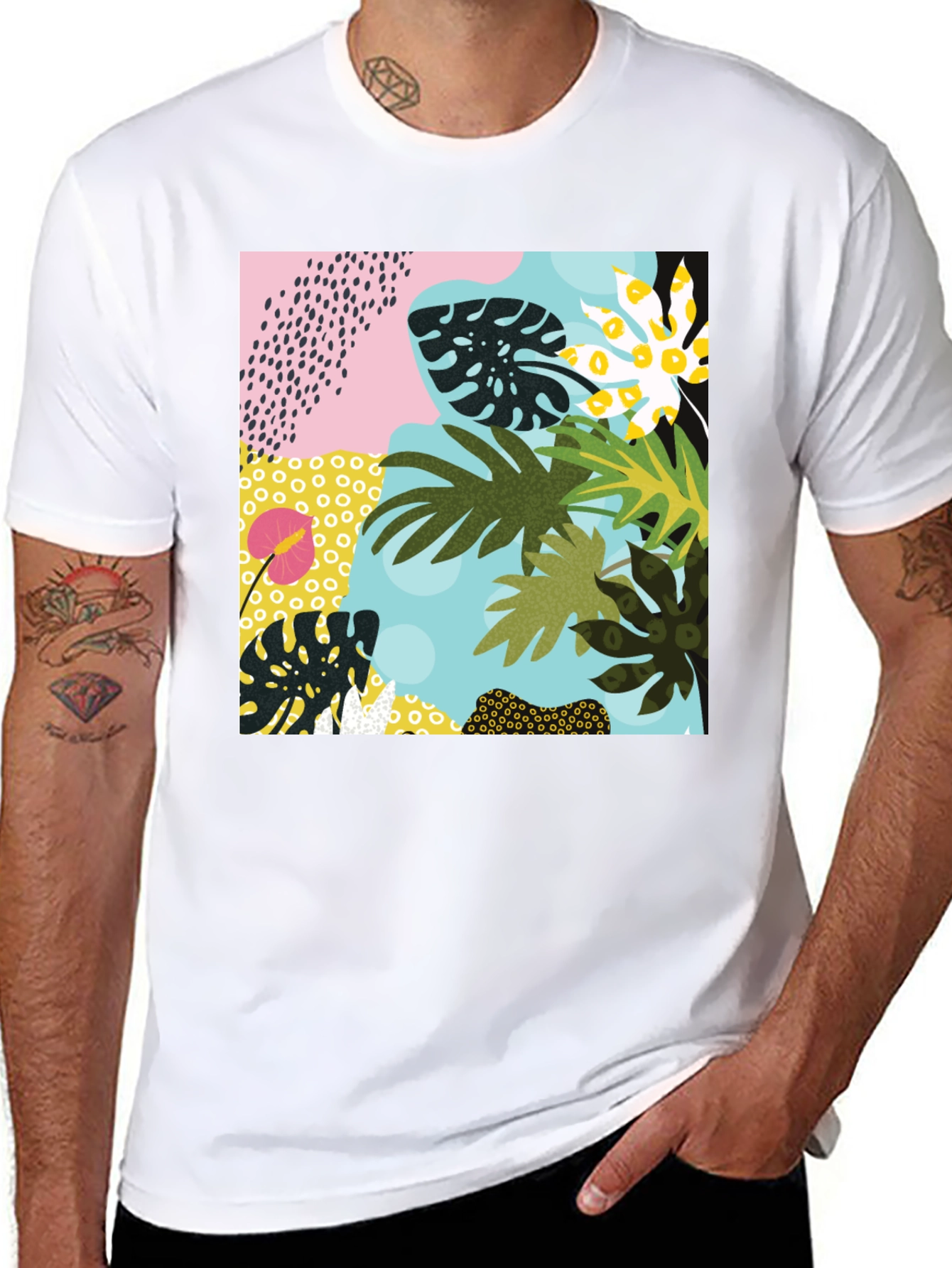 Black Tropical Print Black T-Shirt view 8