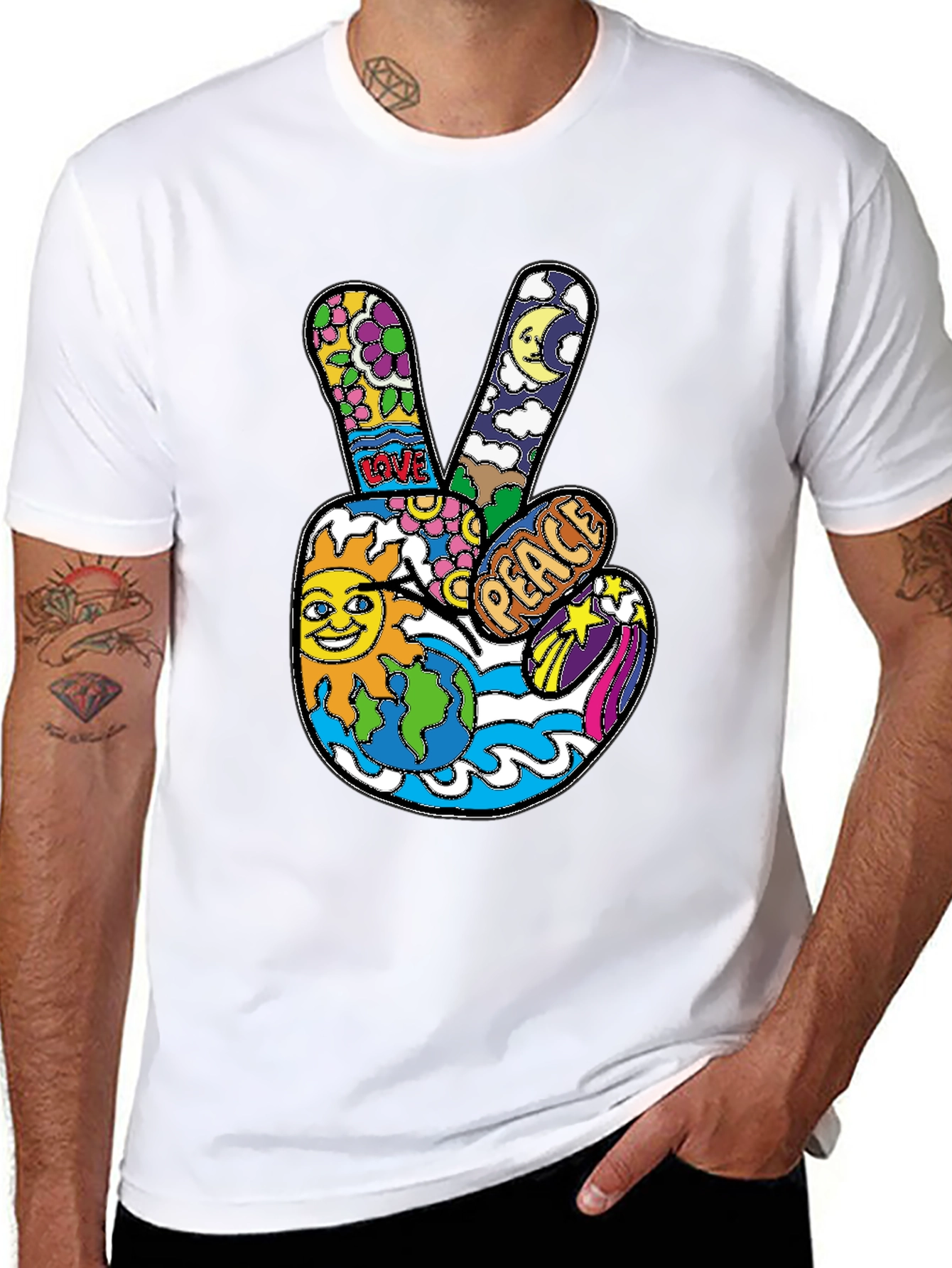 Black Peace Sign Graphic T-Shirt - Retro Hippie Style view 8