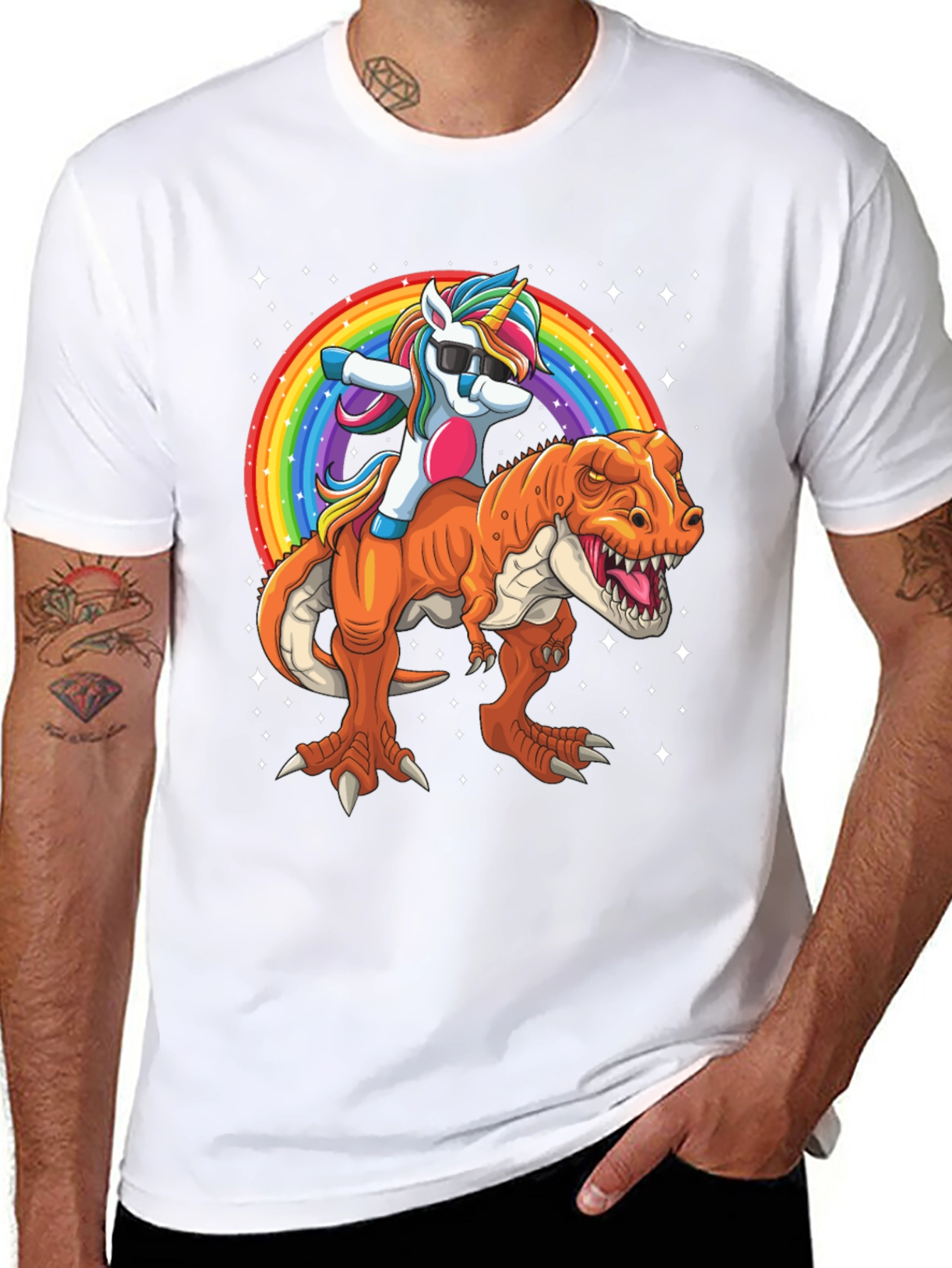 Black Unicorn Riding Dinosaur Men's Graphic T-Shirt view 8