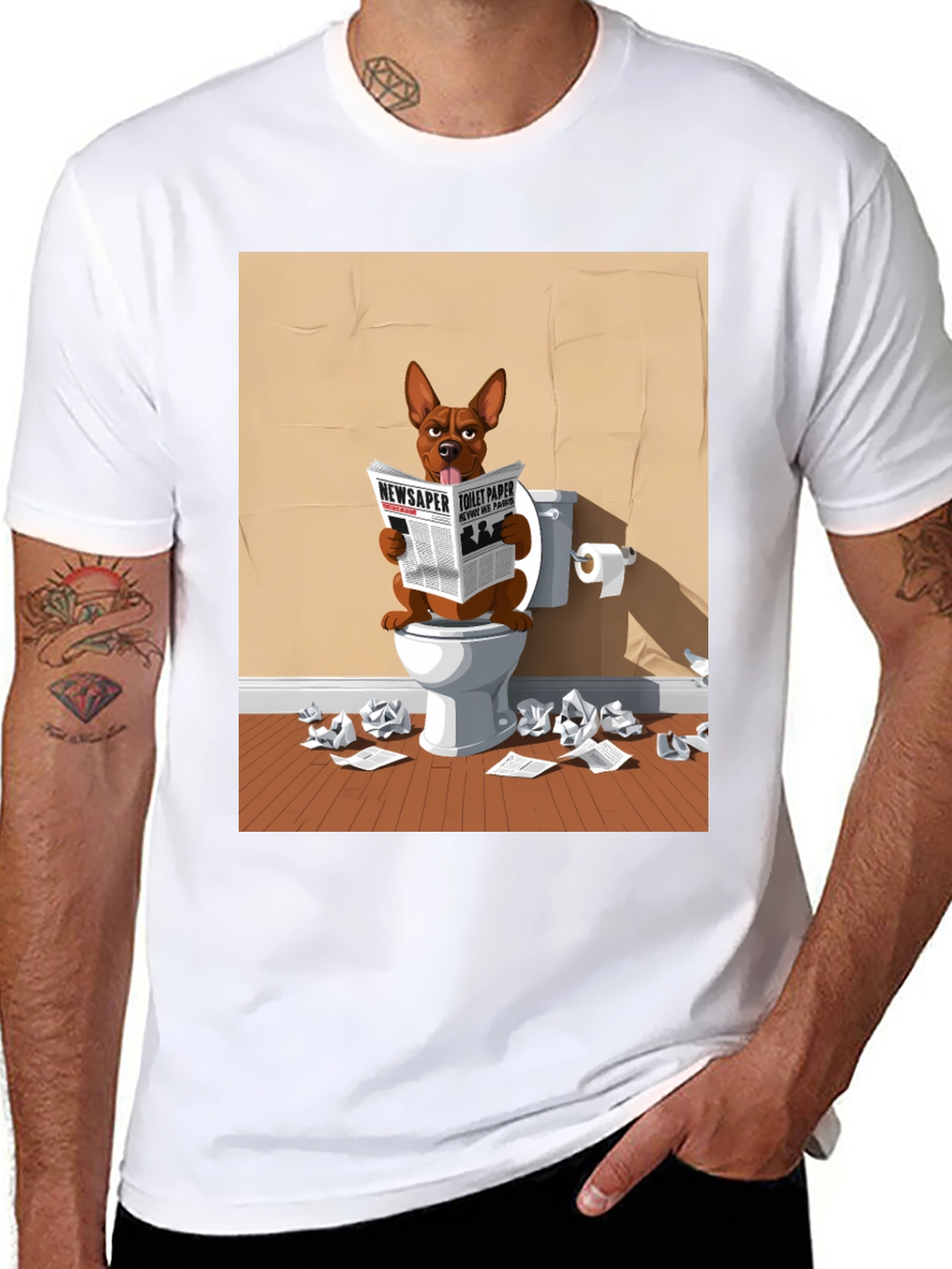 Black Dog on Toilet Reading Newspaper Graphic Tee view 8