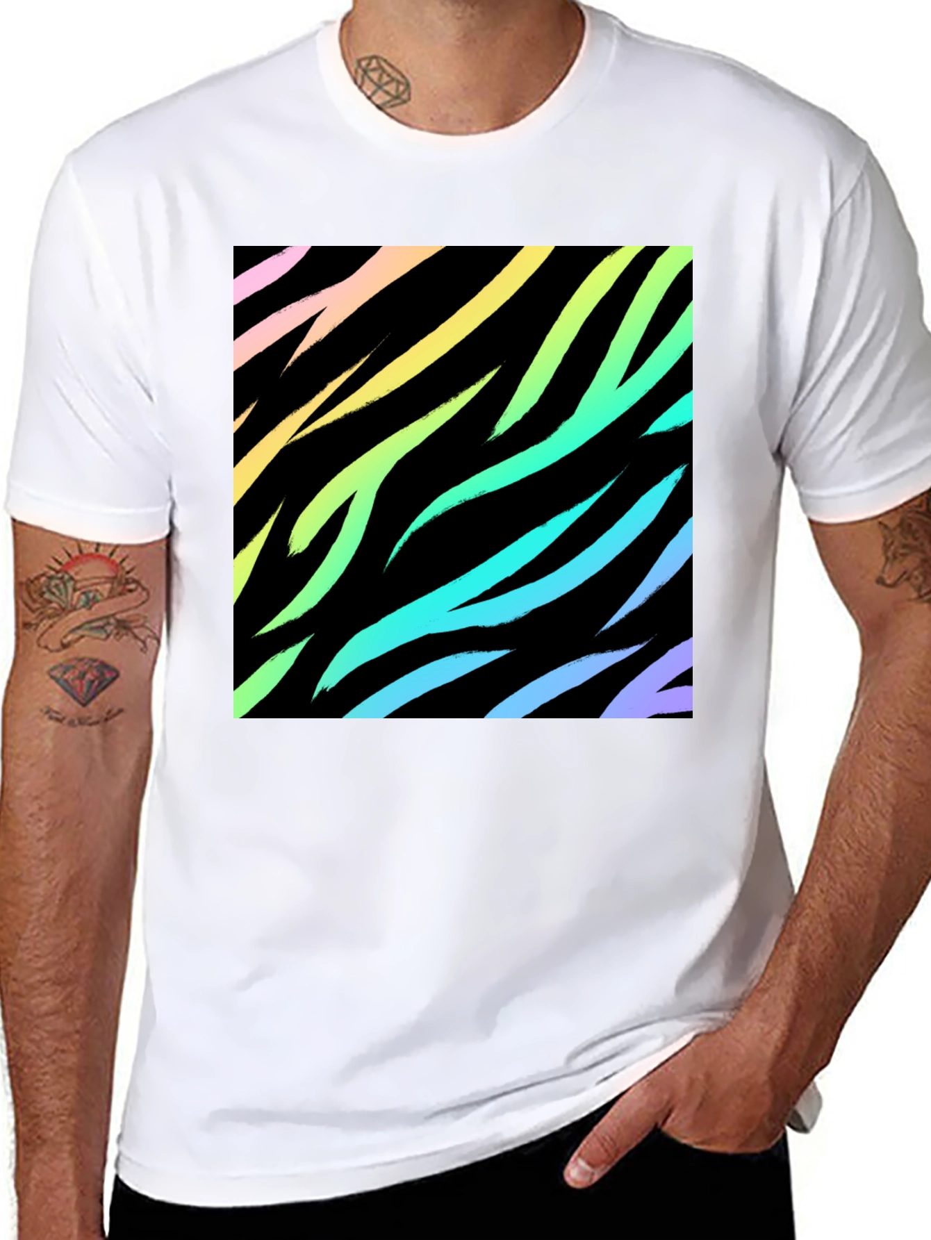 Black Rainbow Zebra Print Black T-Shirt view 8