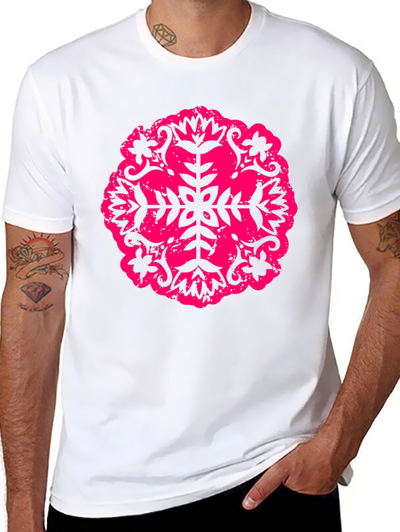 Black Black Tee with Pink Floral Mandala Design view 8