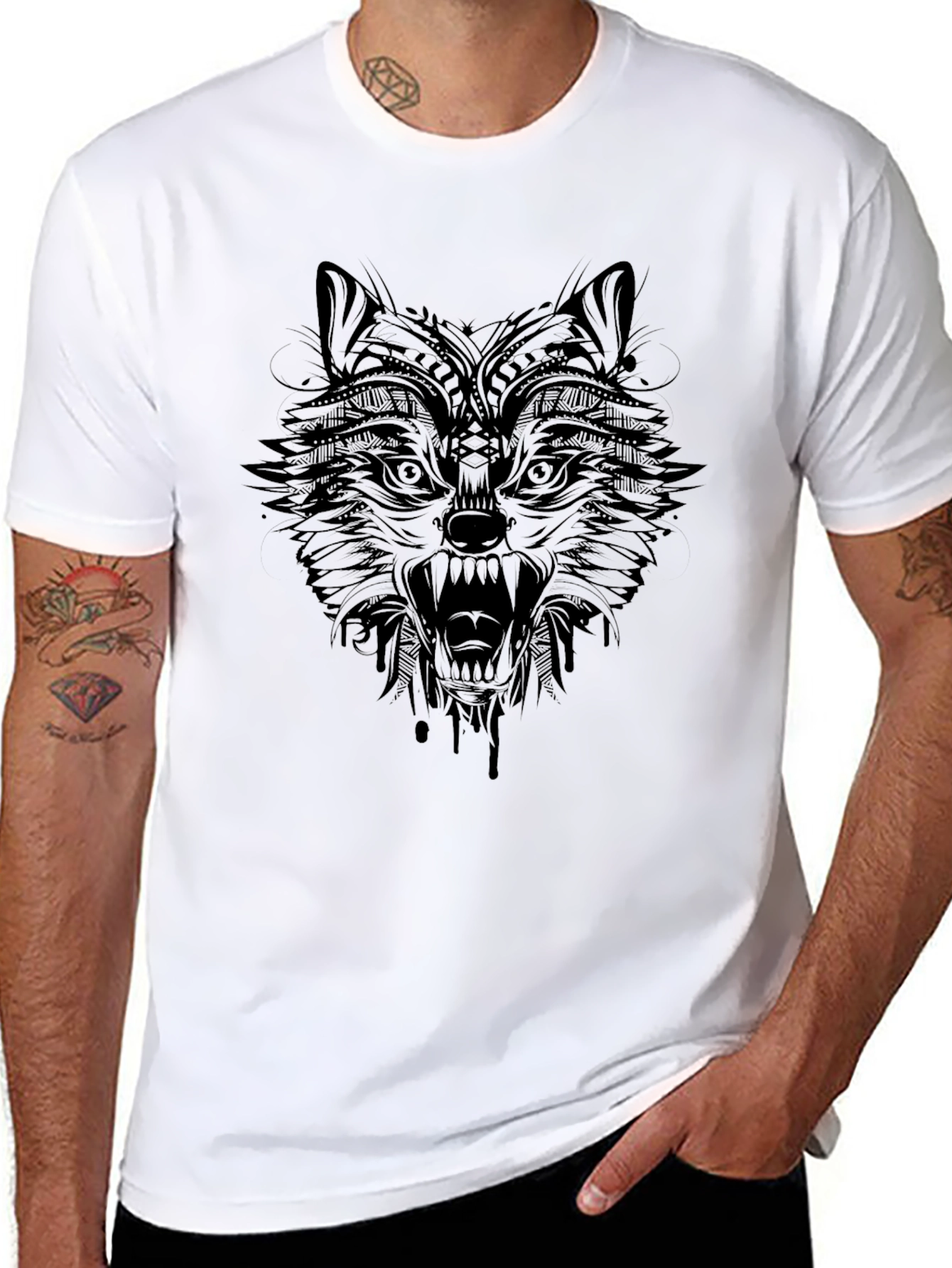 Black Men's Black Wolf Graphic Tee view 8