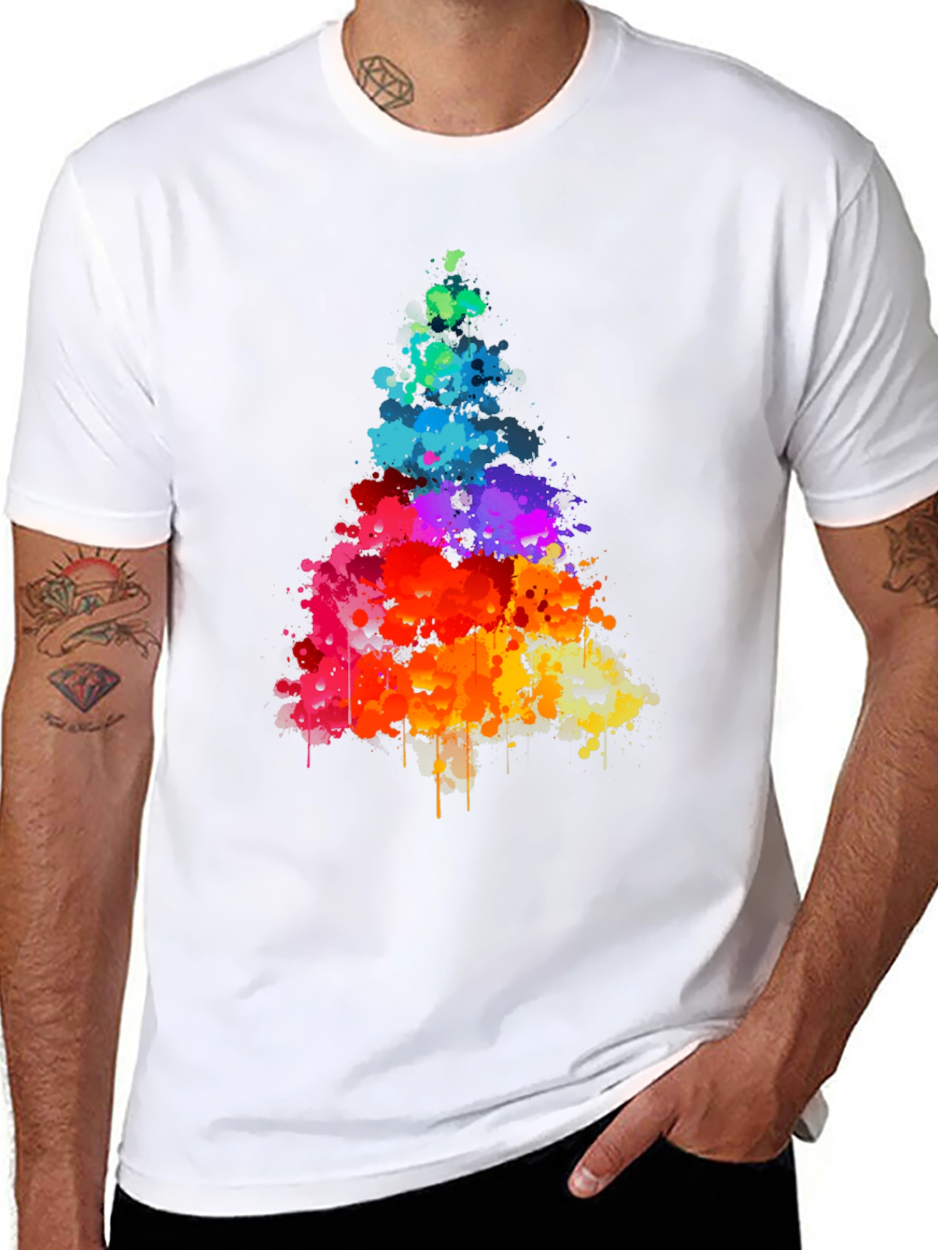 Black Rainbow Splatter Tree Graphic Tee - Black Cotton Shirt view 8