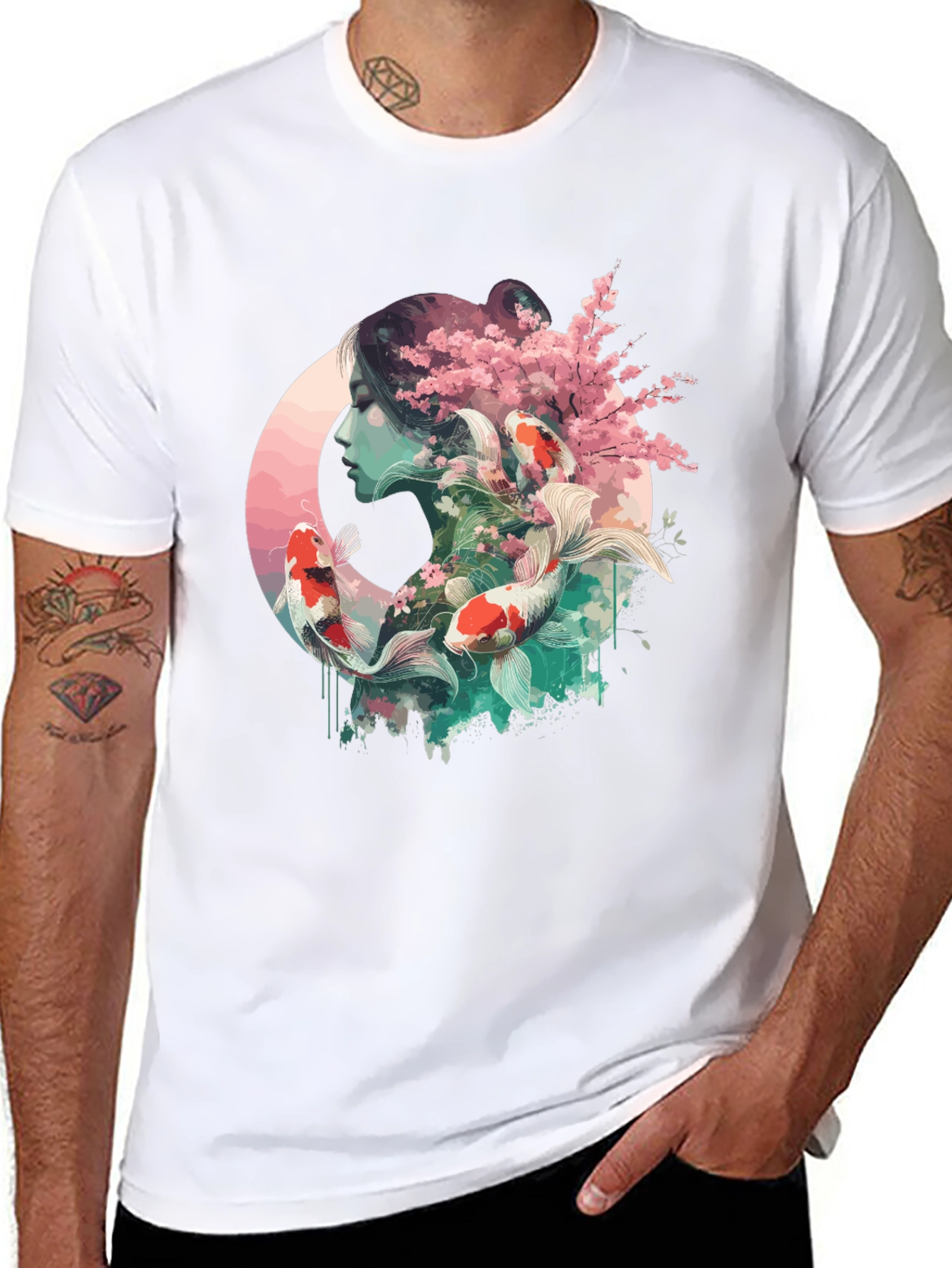 Black Koi Fish & Cherry Blossom Graphic Tee view 8