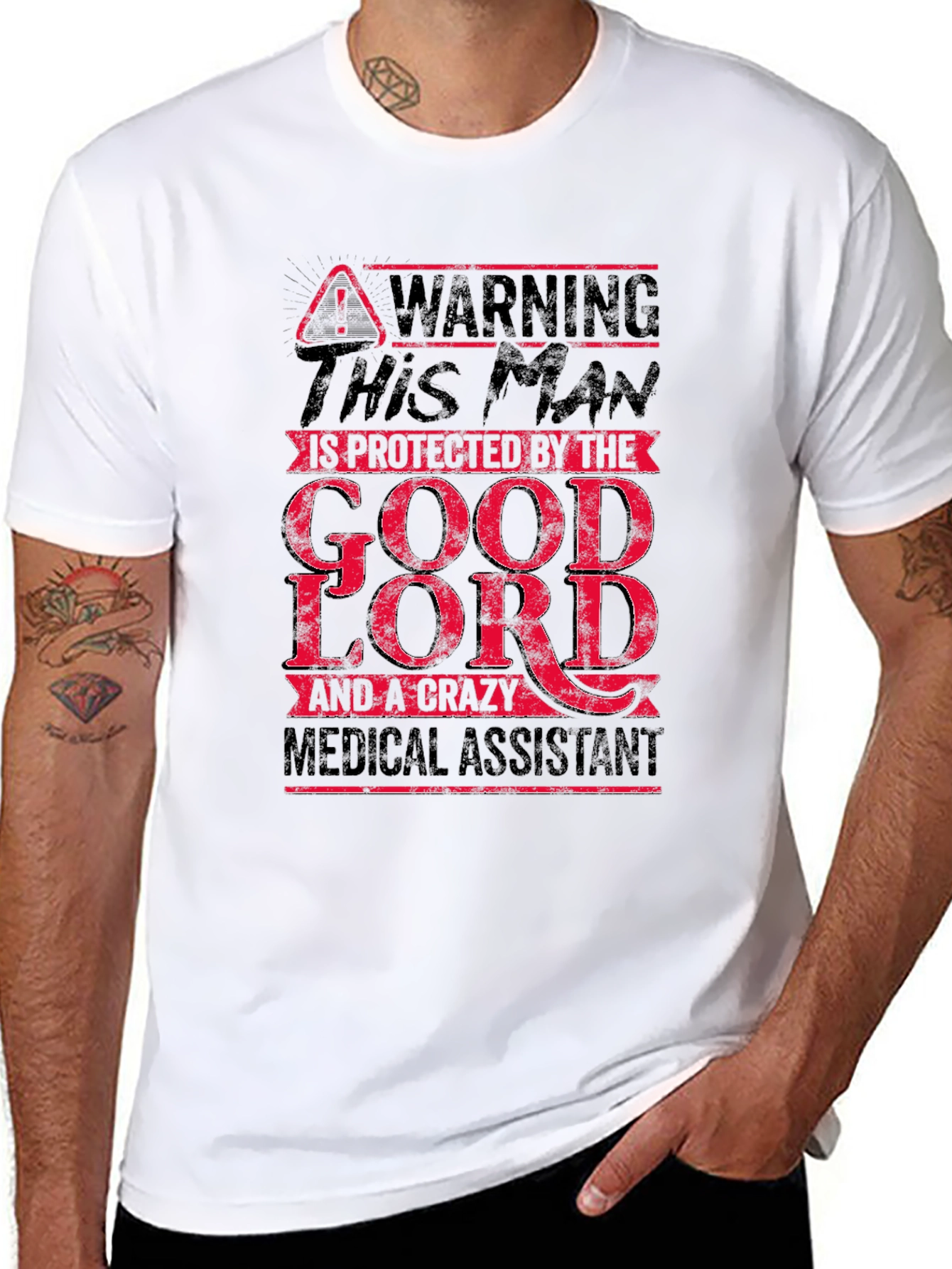 Black Warning Protected By Good Lord & Crazy Medical Assistant T-Shirt view 8