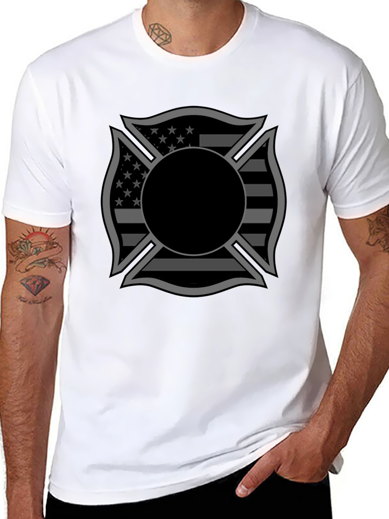 Black Firefighter Maltese Cross American Flag Graphic T-Shirt view 8