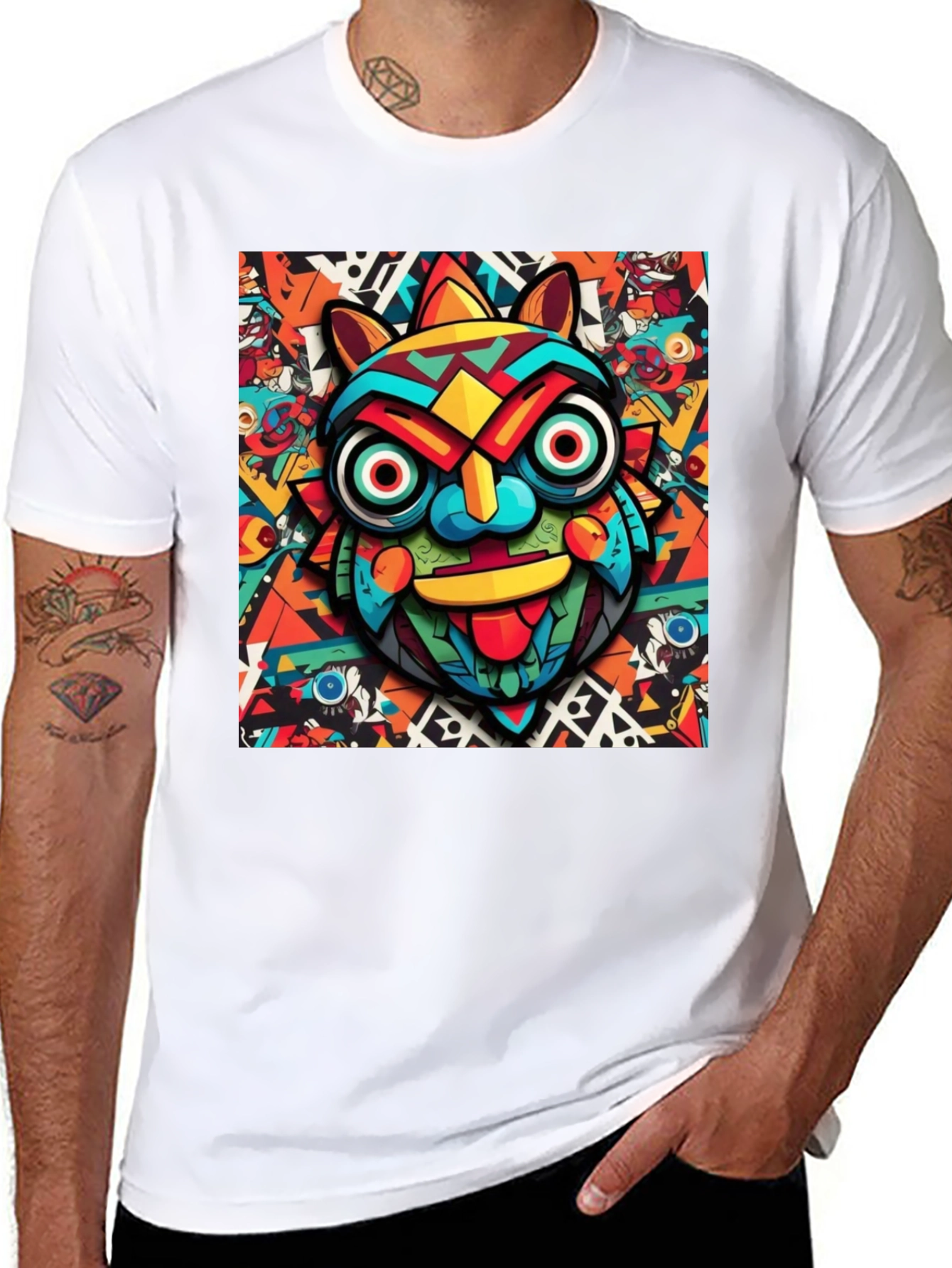 Black Bold Graphic Tee - Colorful Tribal Mask Design view 8