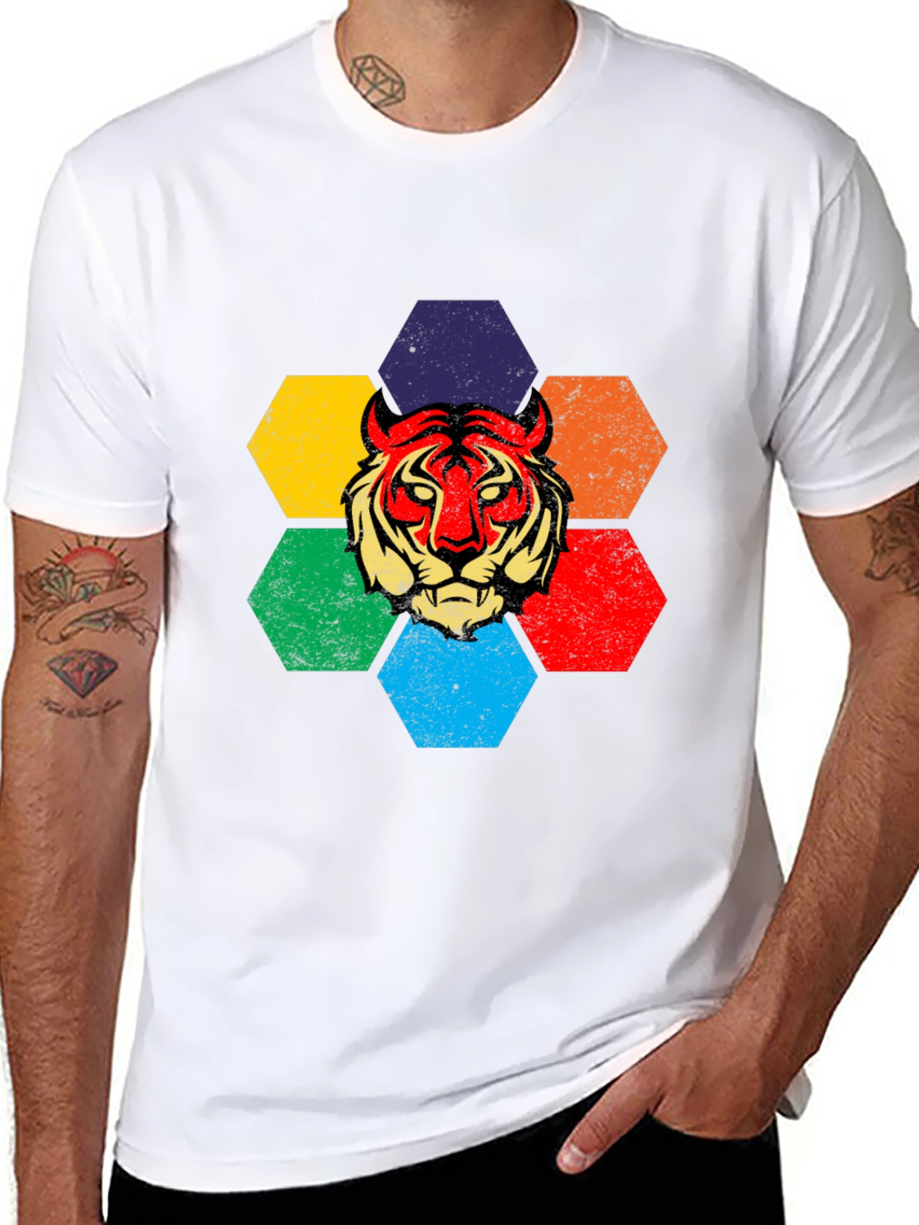 Black Retro Tiger Graphic Tee - Colorful Hexagon Design view 8